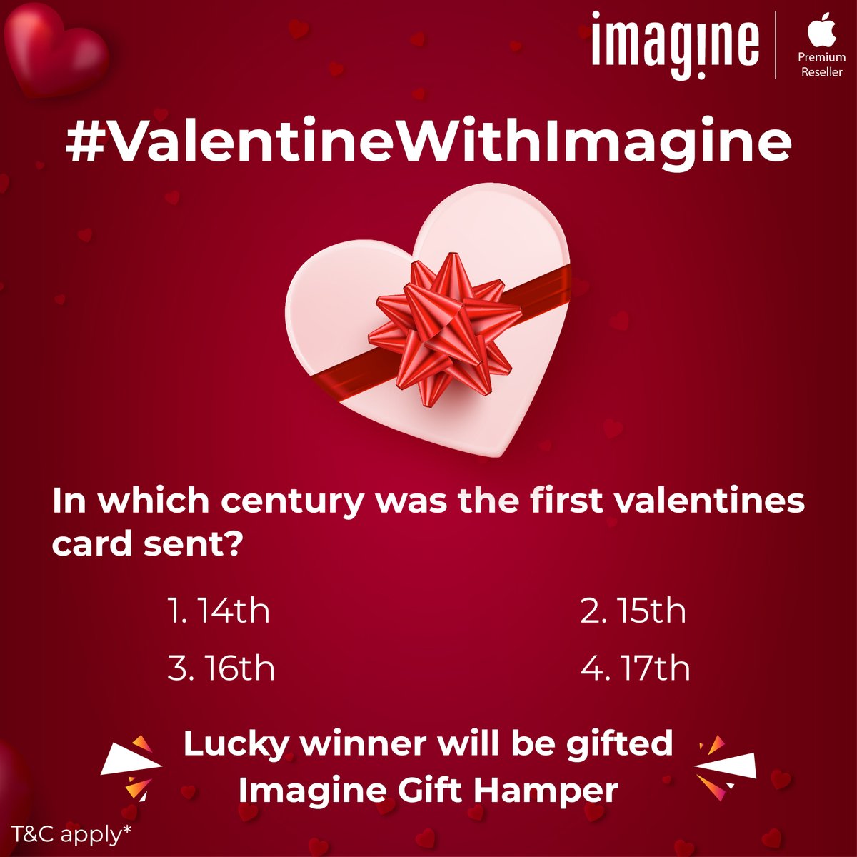 ImagineApplePR's tweet photo. Second Question of the #ValentineWithImagine Contest.

Answer this simple question &amp; stand a chance to win Imagine Gift Hamper.

Spread the word, and get your friends to participate to increase your winning chances.

#Apple #Tresor #Imagine #ValentineWithImagine #ValentineDay https://t.co/MHDvPTWNN8
