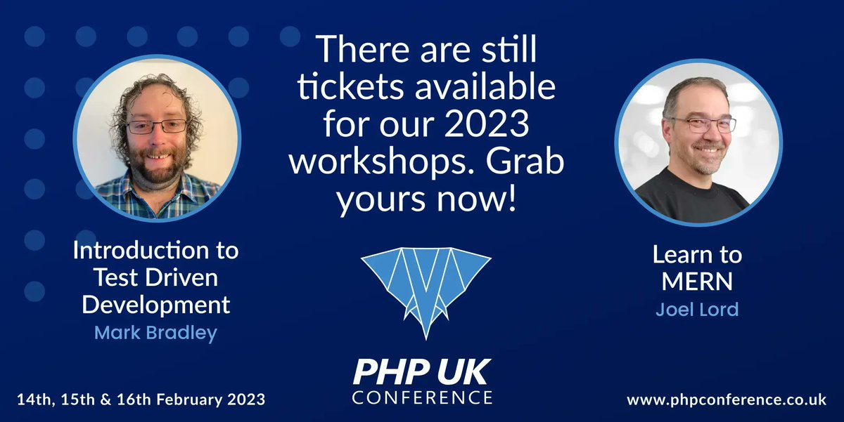 PHPUKConference's tweet image. We still have workshop tickets for @braddle and @joel__lord, who will be presenting two engaging workshops at this year&apos;s event #PHP 🐘
 
Buy your tickets whilst you still can: buff.ly/3jHE1AU