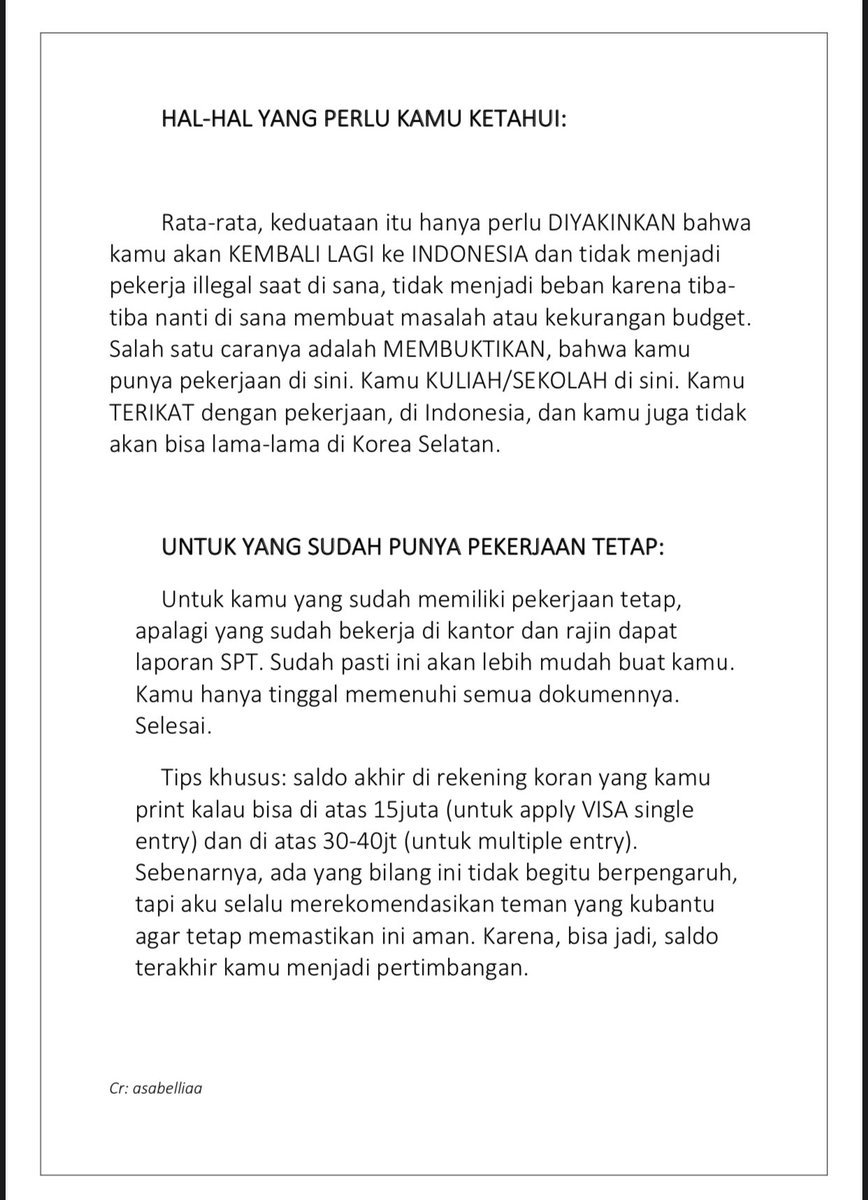 minkyungsa's tweet image. TIPS APPLY VISA KOREA🇰🇷

-Untuk kamu yang sudah punya kerjaan tetap (Bisa Melampirkan SPT)✅
-yang kerja tapi belum bisa lampirkan SPT✅
- pelajar/fresh graduate✅
- ibu rumah tangga✅

Maaf kalau banyak typo🙏

Boleh share, aku lampirkan contoh surat sponsor juga 🫶👇