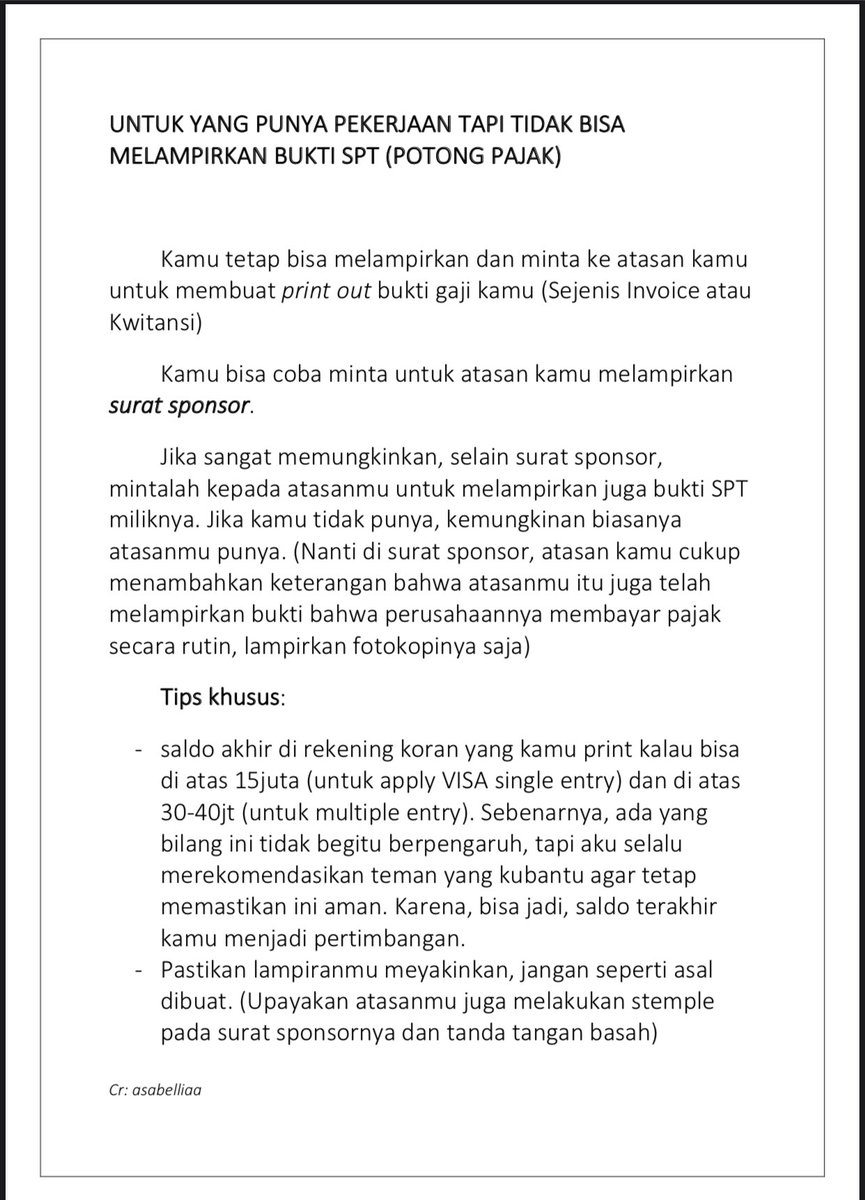 minkyungsa's tweet image. TIPS APPLY VISA KOREA🇰🇷

-Untuk kamu yang sudah punya kerjaan tetap (Bisa Melampirkan SPT)✅
-yang kerja tapi belum bisa lampirkan SPT✅
- pelajar/fresh graduate✅
- ibu rumah tangga✅

Maaf kalau banyak typo🙏

Boleh share, aku lampirkan contoh surat sponsor juga 🫶👇