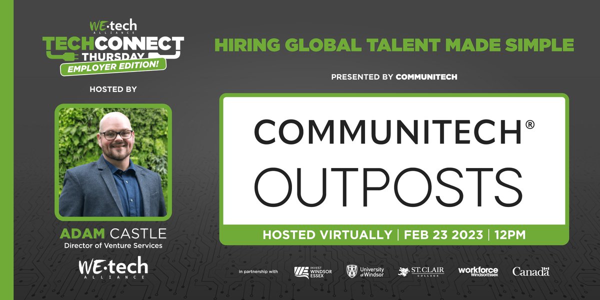 In this special Employer Edition of Tech Connect Thursday, host <a href="/ACinYQG/">Adam Castle</a> will be joined by <a href="/Communitech/">Communitech</a>, who will share info on their Outposts program, aimed at helping 🇨🇦  companies onboard, pay and manage a global team of employees.

RESERVE YOUR SPOT: bit.ly/3I8vh09