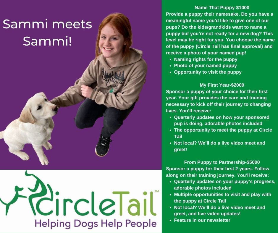 circletail's tweet photo. Sammi recently met her namesake Sammi during a special birthday tour of campus.  Circle Tail has other sponsorship levels to meet your or your company’s needs and budget. Visit https://t.co/QSMWeeIpqm for more information.

#circletail #helpingdogshelppeople #partnerswithpaws https://t.co/A7L1UgeHgA