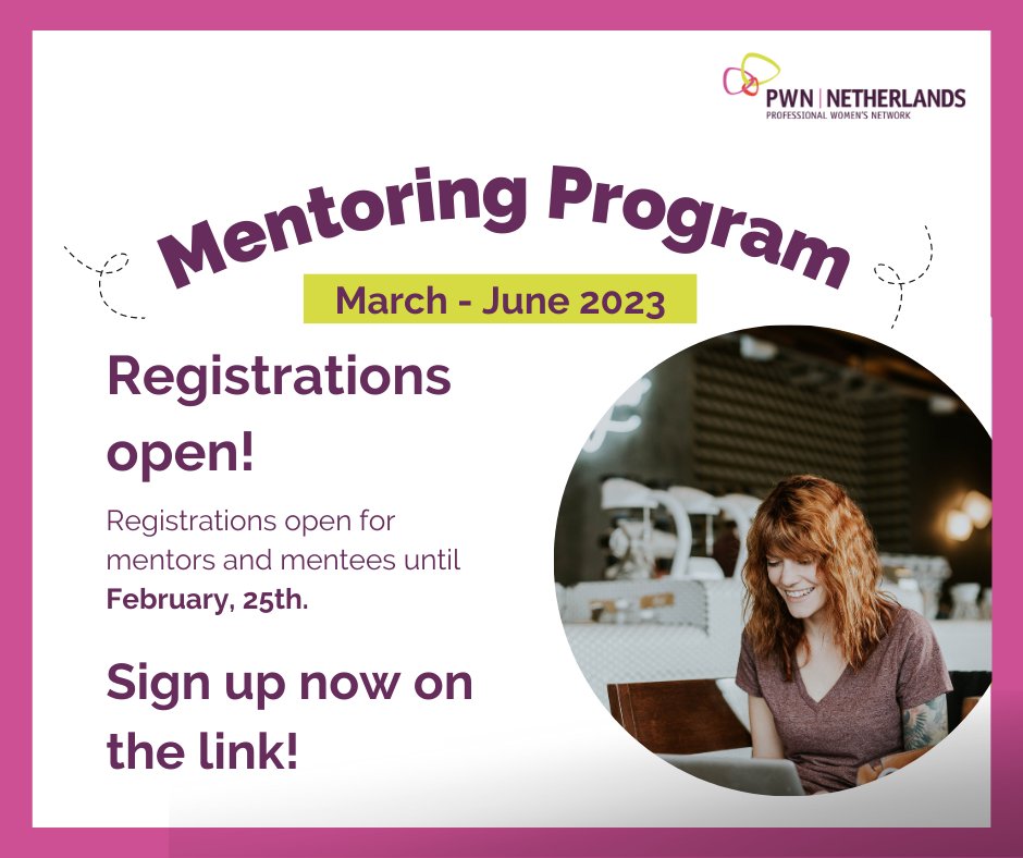 PWN Netherlands (@pwn_netherlands) on Twitter photo Did you #signup for the 2023 Mentoring Program? Registration is open for the upcoming program starting in March/2023! Register yourself as a mentor or a mentee via this link. ow.ly/Ym0050MLRyH
If you have any questions about the program: mentoringteam@pwnnetherlands.net Did you #signup for the 2023 Mentoring Program? Registration is open for the upcoming program starting in March/2023! Register yourself as a mentor or a mentee via this link. ow.ly/Ym0050MLRyH
If you have any questions about the program: mentoringteam@pwnnetherlands.net