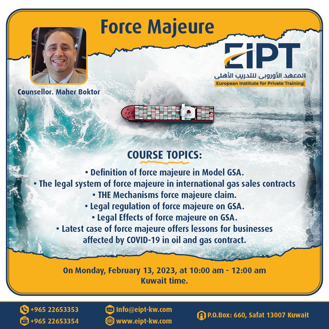 eipt_kw's tweet photo. we are very excited to announce, we will host Counsellor. Maher Adly Boktor.

The Live program on Exciting Topic: Force Majeure.

Date: Monday, 13 February, 2023

(Maher Boktor)
Time: 10:00 AM - 12:00 PM (KWT) https://t.co/RiGjXC5EhT