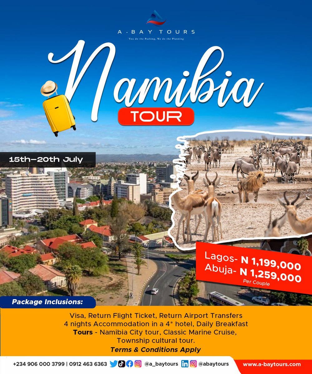 a_baytours's tweet photo. Are you the type of traveler who travels with a destination in mind and a carefully planned itinerary?

Namibia 🇳🇦 comes highly recommended as our "Destination Crush Wednesday" 🤩
#savetotravel

Explore Namibia
15th-20th July ✈️💯 https://t.co/Q582httRqk