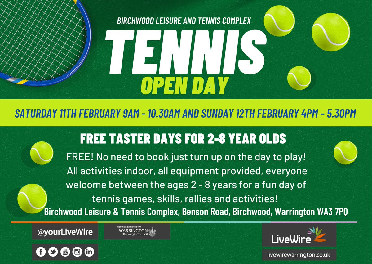 🎾 FREE #TENNIS OPEN DAY -- Calling all 2 to 8-year-old tennis fans! 🎾
Join us for a TENNIS OPEN DAY at #Birchwood Leisure and Tennis Complex this weekend. 
⏰ Sat 11th Feb (9am - 10.30am) and Sun 12th Feb (4pm-5.30pm). JUST TURN UP! #Warrington #Cheshire #Tenniscamp