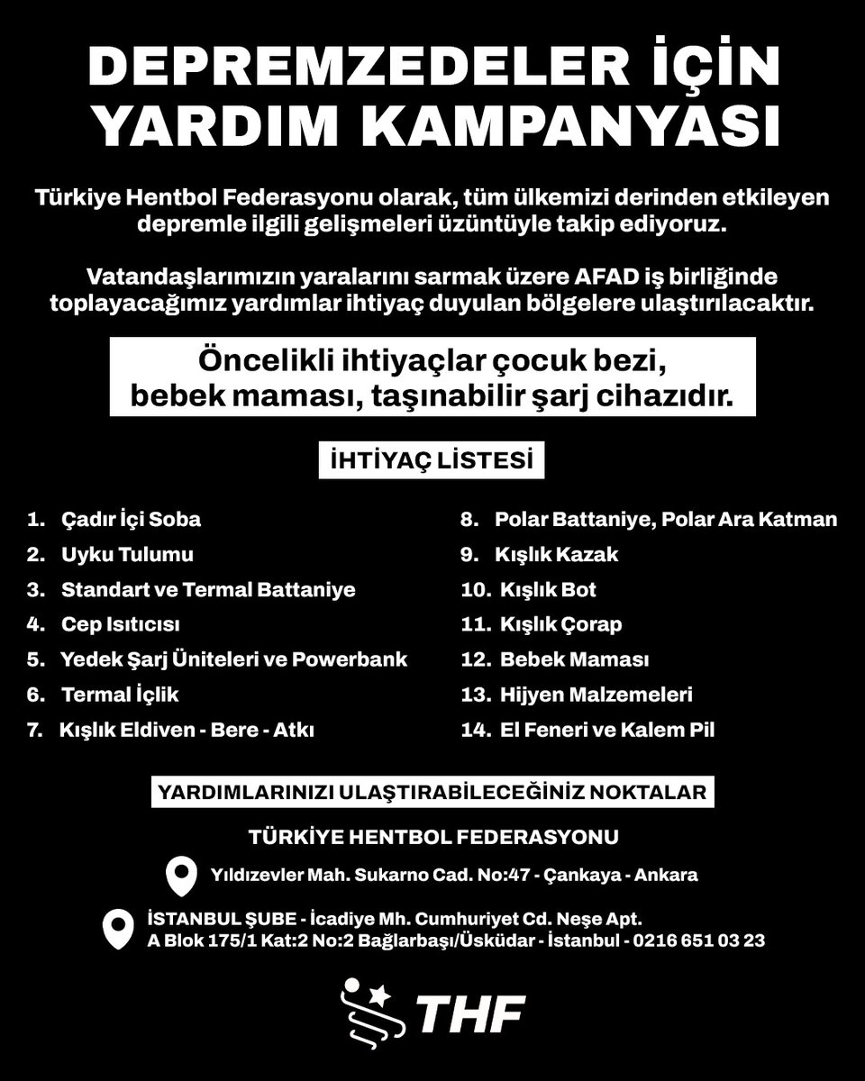 Dünyanın en büyük afetlerinden biriyle karşı karşıya kaldığımız bu süreçte, Türkiye Hentbol Federasyonu olarak deprem bölgesinde bulunan vatandaşlarımızın yanındayız.

Tüm kulüplerimizin ve sporseverlerin desteğini bekliyoruz.