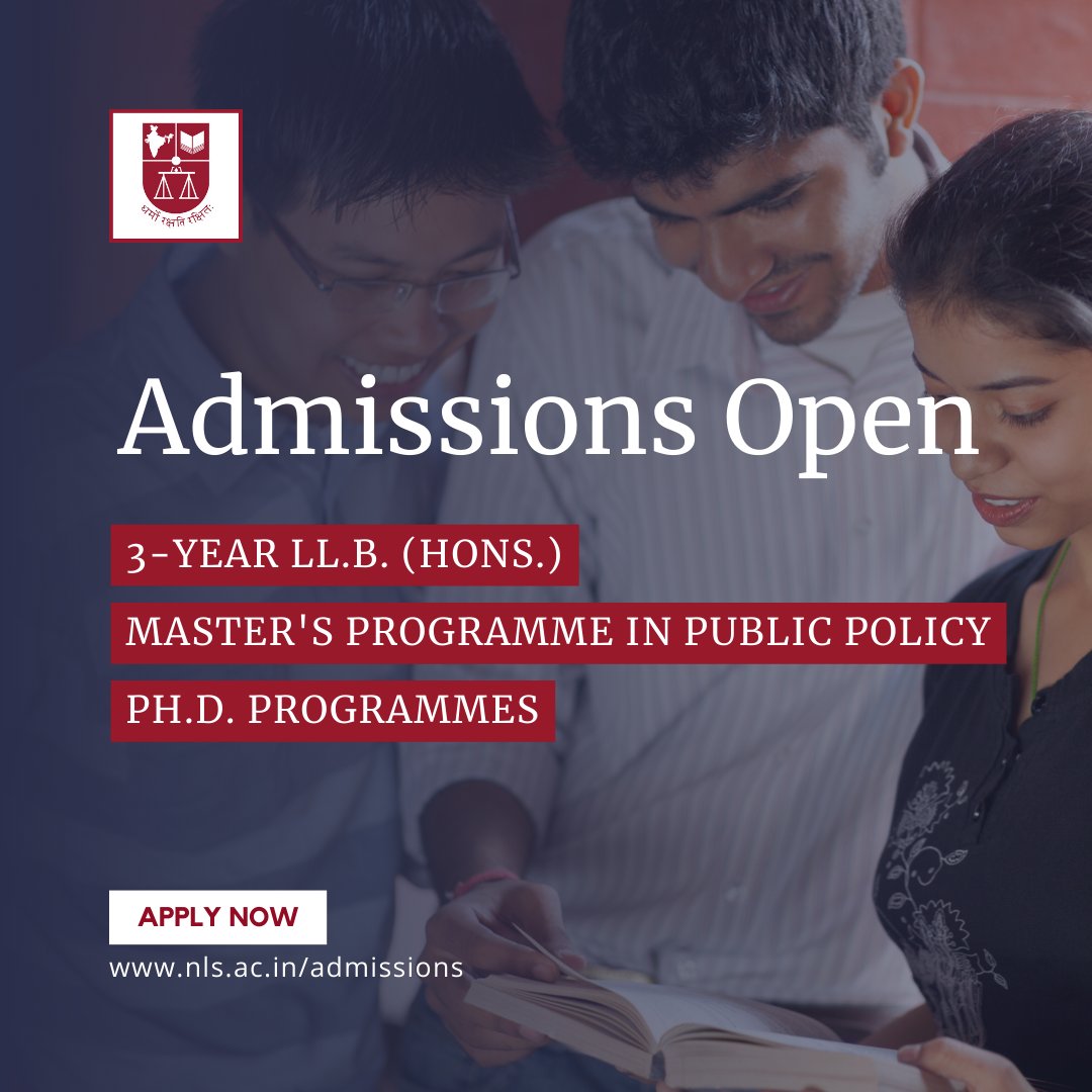 NLSIUofficial's tweet photo. Looking to advance your academic or professional journey?

Admissions to the following programmes at #NLSIU are open:
▶️ 3-year LlB (Hons)
▶️ Master’s Programme in Public Policy (MPP)
▶️ PhD (Law) and PhD (Interdisciplinary)

For more details, please visit https://t.co/35N4ZGk0AM https://t.co/wlrjKEhB5x