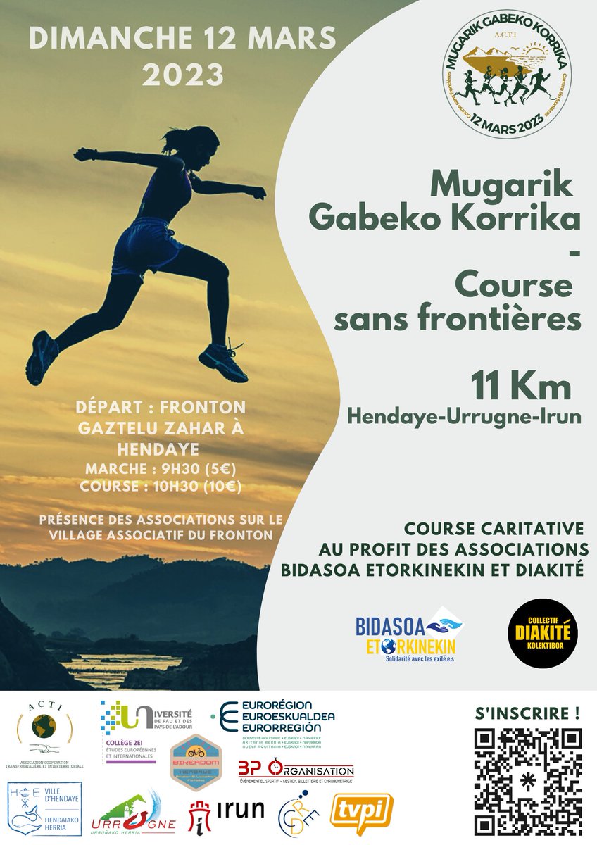 Course_MGK2023's tweet photo. 🥳🥳🥳L'affiche officielle!
MUGARIK GABEKO KORRIKA/COURSE SANS FRONTIÈRES/CARERRA SIN FRONTERAS

🇨🇵🇪🇸➡️Hendaye-Urrugne-Irun: 11km

➡️INSCRIVEZ-VOUS!

@Acti_Asso
@Euroregion_naen 
@CDRElabo 
@sudouest 
@UEFrance
@CommunautePB
@universite_uppa 
@IrungoHS https://t.co/HnzTAWnVmr