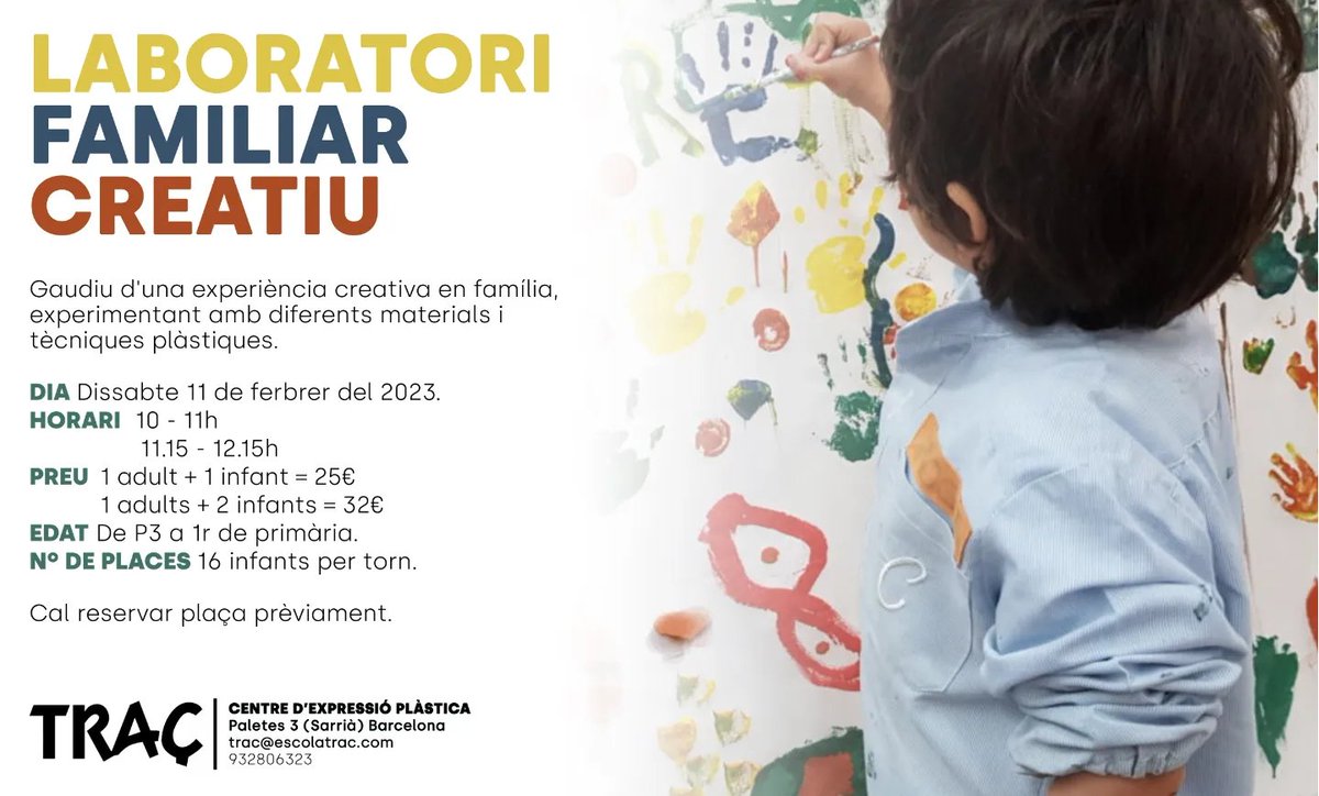 Aquest dissabte 11 de febrer us proposem un taller per infants i un laboratori creatiu per gaudir en família.

Si llegiu el <a href="/culturista_bcn/">El Culturista</a> veureu que és una de les activitats que recomanen  elculturista.cat/categoria/agen…

Trobareu tota la informació aquí escolatrac.com/dissabte-creat…