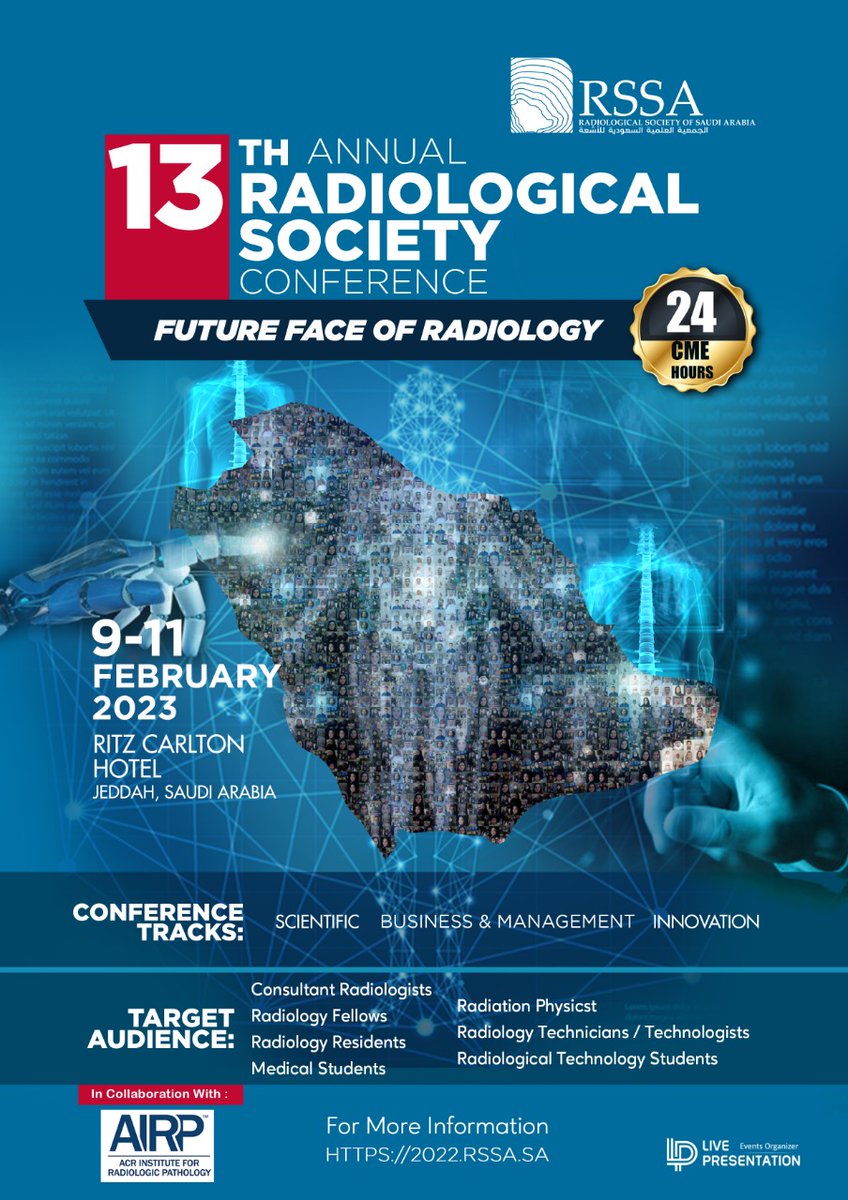 rssafeed's tweet photo. 📢 Come and join us tomorrow Thursday, February 9, 2023 for the exciting and most awaited Conference.
13th Annual #RSSA Conference. 
See you all!!!
@ArwaBadeeb 
@NKhoumais 
@EmergencyRadSA 
@iamhatim1 
@GAlturkstani 
@rujaibmk 
@abuyazan9 https://t.co/3g5MJjOzas