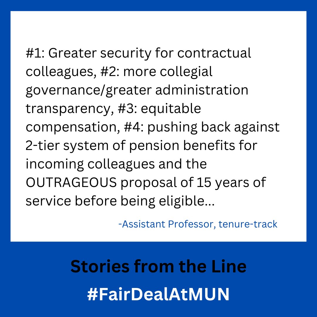 GrenfellFaculty's tweet photo. This is what our bargaining team is returning to the table for today at 2 PM — a #FairDealAtMUN. @MUNFaculty are sharing their reasons for striking, experiences with job insecurity, funding cut-backs, and other structural issues @MemorialU. @GCSUnion @MUNSU35 @themusenl https://t.co/sgZkyO9tAF