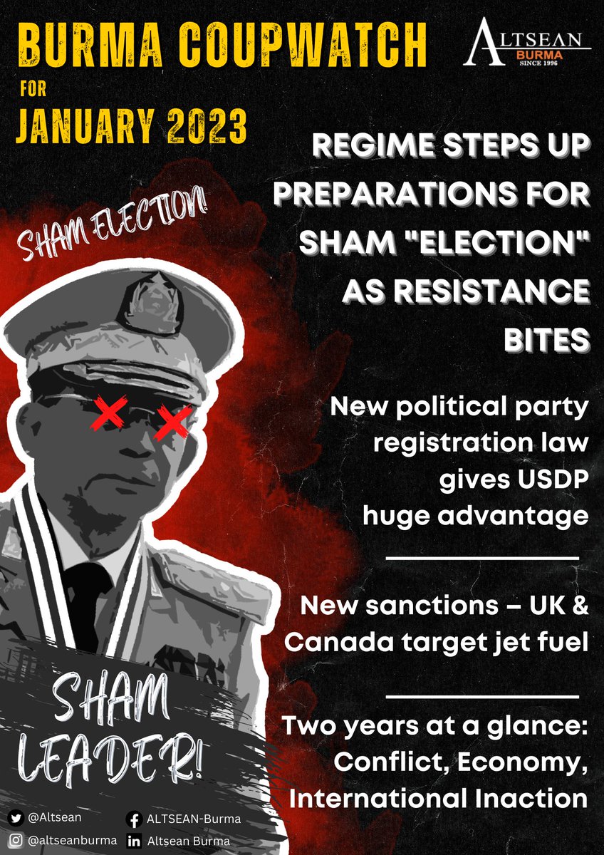 ALTSEAN-Burma (@altsean) on Twitter photo 📣Latest ALTSEAN #CoupWatch (8 Feb)
"Regime steps up preparations for sham ‘election’ as resistance bites"
🔗Full Briefer: bit.ly/3lnbLUs
📩Stay updated: eepurl.com/bE2nRT
🙏Thx <a href="/BHRNUK/">BHRN</a> <a href="/IIDonline/">IID 🕊️⚖</a> <a href="/fidh_en/">FIDH</a> <a href="/PVamplify/">Progressive Voice</a> <a href="/uscb/">US Campaign 4 Burma</a> <a href="/adn_asia/">Asia Democracy Network</a> <a href="/forum_asia/">FORUM-ASIA</a> 📣Latest ALTSEAN #CoupWatch (8 Feb)
"Regime steps up preparations for sham ‘election’ as resistance bites"
🔗Full Briefer: bit.ly/3lnbLUs
📩Stay updated: eepurl.com/bE2nRT
🙏Thx <a href="/BHRNUK/">BHRN</a> <a href="/IIDonline/">IID 🕊️⚖</a> <a href="/fidh_en/">FIDH</a> <a href="/PVamplify/">Progressive Voice</a> <a href="/uscb/">US Campaign 4 Burma</a> <a href="/adn_asia/">Asia Democracy Network</a> <a href="/forum_asia/">FORUM-ASIA</a>