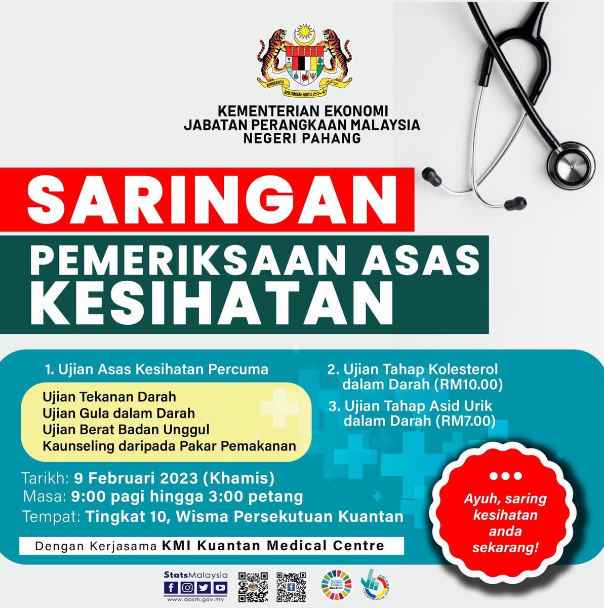 DOSM_Pahang's tweet image. #DOSMPahang akan mengadakan Saringan Pemeriksaan Asas Kesihatan kepada semua anggota pada ketetapan dibawah.

Perisytiharan Rekod Kesihatan Bagi Membudayakan Gaya Hidup Sihat semua Warga #DOSM selaras dengan surat edaran JPA.(S).600-1/6/17 (45) bertarikh 6 Sept 2022

#FitDOSM