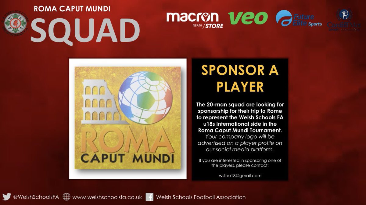INTERNATIONAL | WSFA u18 Boys 🏴󠁧󠁢󠁷󠁬󠁳󠁿⚽️

👏🏻 #Congratulations to the #Players who have been selected to represent <a href="/WelshSchoolsFA/">Welsh Schools' F.A.</a> u18 #International side in the prestigious #RomaCaputMundi tournament in Italy 🇮🇹‼️

🤝If you’d like to sponsor a player, contact:

wsfau18@gmail.com

#WSFA