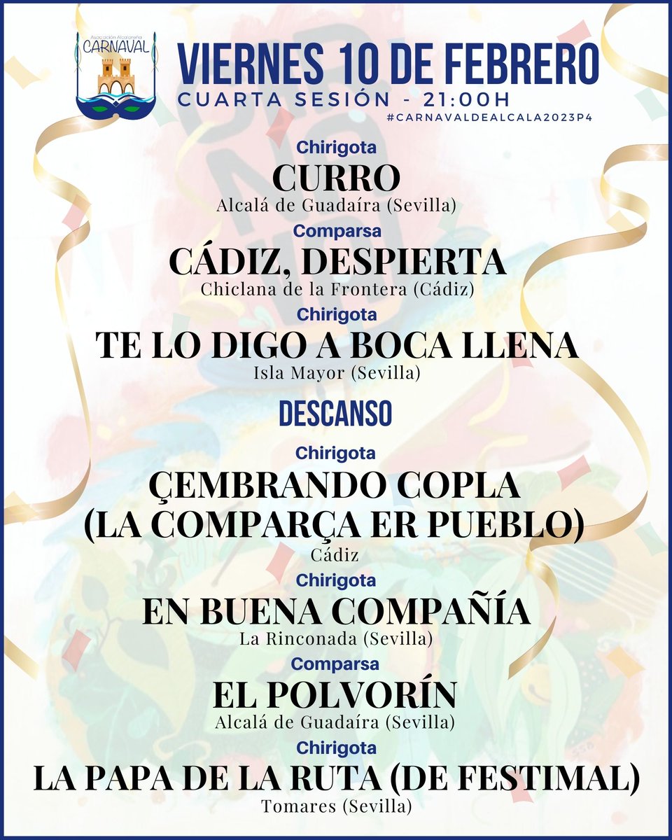 𝗢𝗥𝗗𝗘𝗡 𝗗𝗘 𝗔𝗖𝗧𝗨𝗔𝗖𝗜𝗢𝗡 del XXXV Concurso de #Carnaval de #AlcaládeGuadaíra para hoy viernes 10 de febrero de 2023

#carnaval41500  #alcaladeguadaira #Carnaval2023