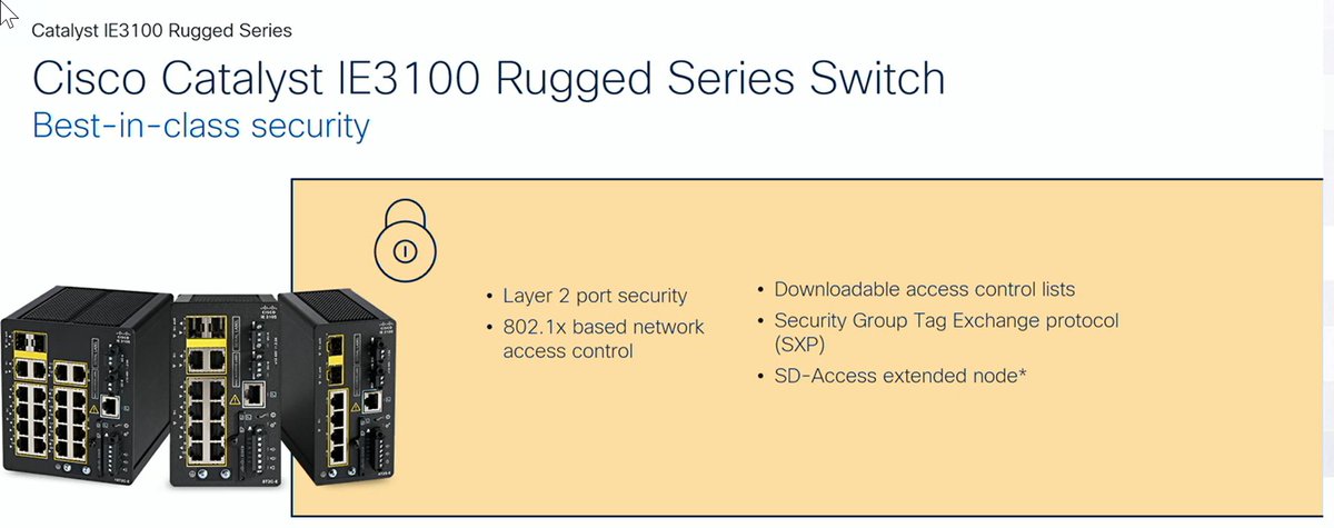 networkautobahn's tweet photo. The IE3100 switches comes with a comprehensive security feature set. Good to have if you need to secure a wide range of IoT devices that are not secured by default in many cases #TFDX #CiscoLiveEMEA https://t.co/jHV43tPvoq