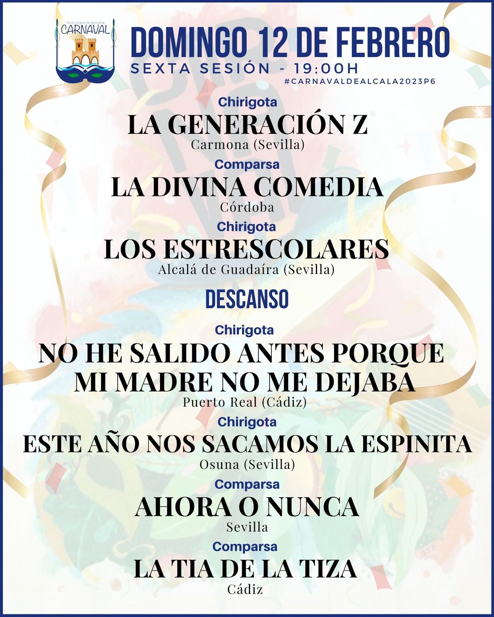𝗢𝗥𝗗𝗘𝗡 𝗗𝗘 𝗔𝗖𝗧𝗨𝗔𝗖𝗜𝗢𝗡 del XXXV Concurso de #Carnaval de #AlcaládeGuadaíra para hoy domingo 12 de febrero de 2023

#carnaval41500  #alcaladeguadaira #Carnaval2023