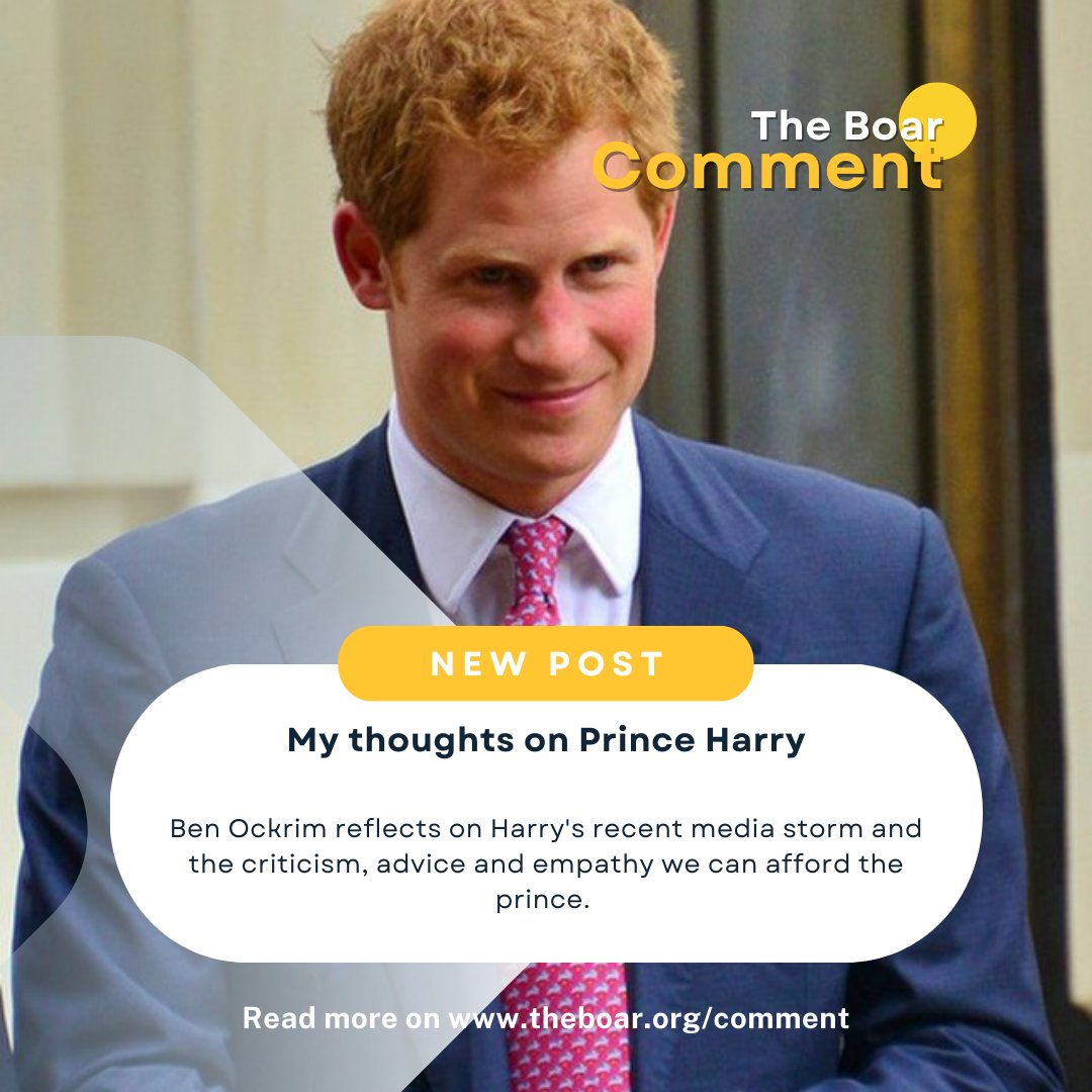BoarComment's tweet image. Ben Ockrim comments: "Though I find the theatrics of the press tour embarrassing, I empathise with Harry"

Read the article here! theboar.org/2023/02/my-tho…

Image: Wikimedia Commons/Glyn Lowe
