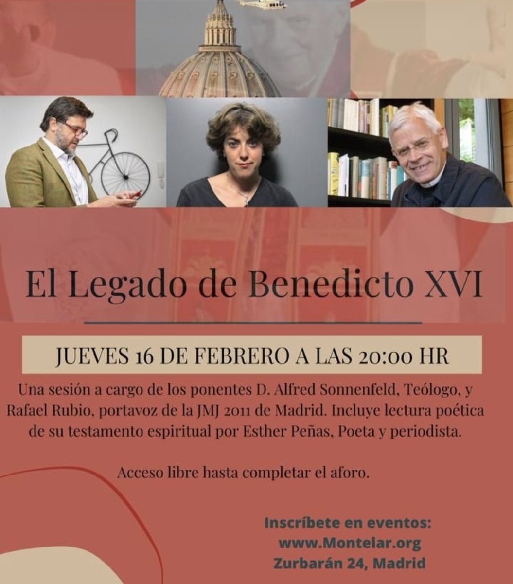 loretoc's tweet photo. La semana que viene presento este lujo de panel en Madrid, Jueves 16, 20h.
Con Alfred Sonnelfeld, médico y Teólogo que le conoció
Rafa Rubio como portavoz de
#BenedictoXVI en la #JMJ2011 @rafarubio
Incluyendo lecturas poéticas de Esther Peñas
Acceso libre previa inscripción https://t.co/ft1FzyMuIy