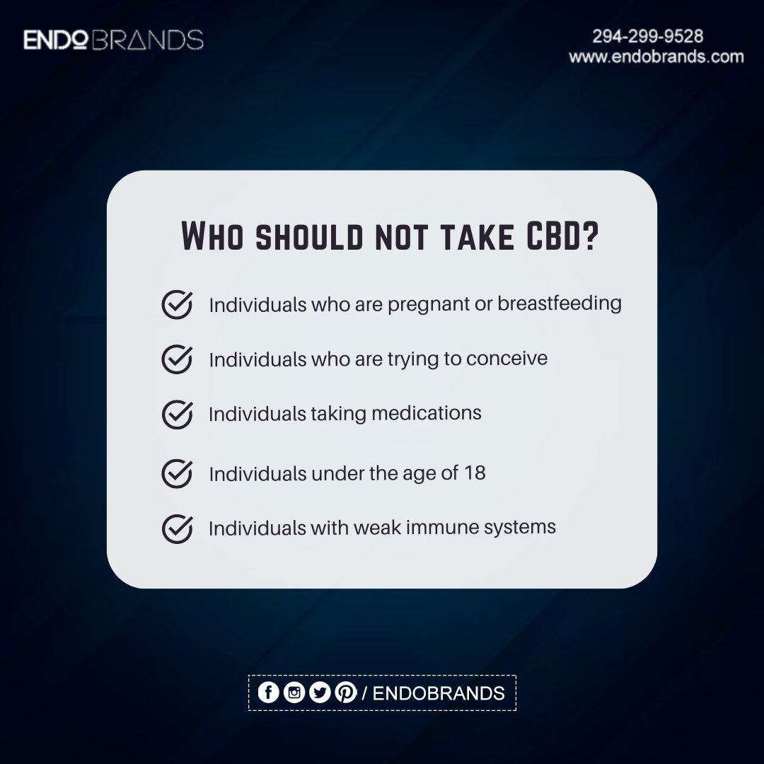 EndoBrands's tweet photo. CBD is not for everyone!! If you're one of the following individuals, you should avoid CBD use for now. If you have any questions, please don't hesitate to contact us. #cbd #cannabis #hemp #highlife https://t.co/wgNfdLthvM