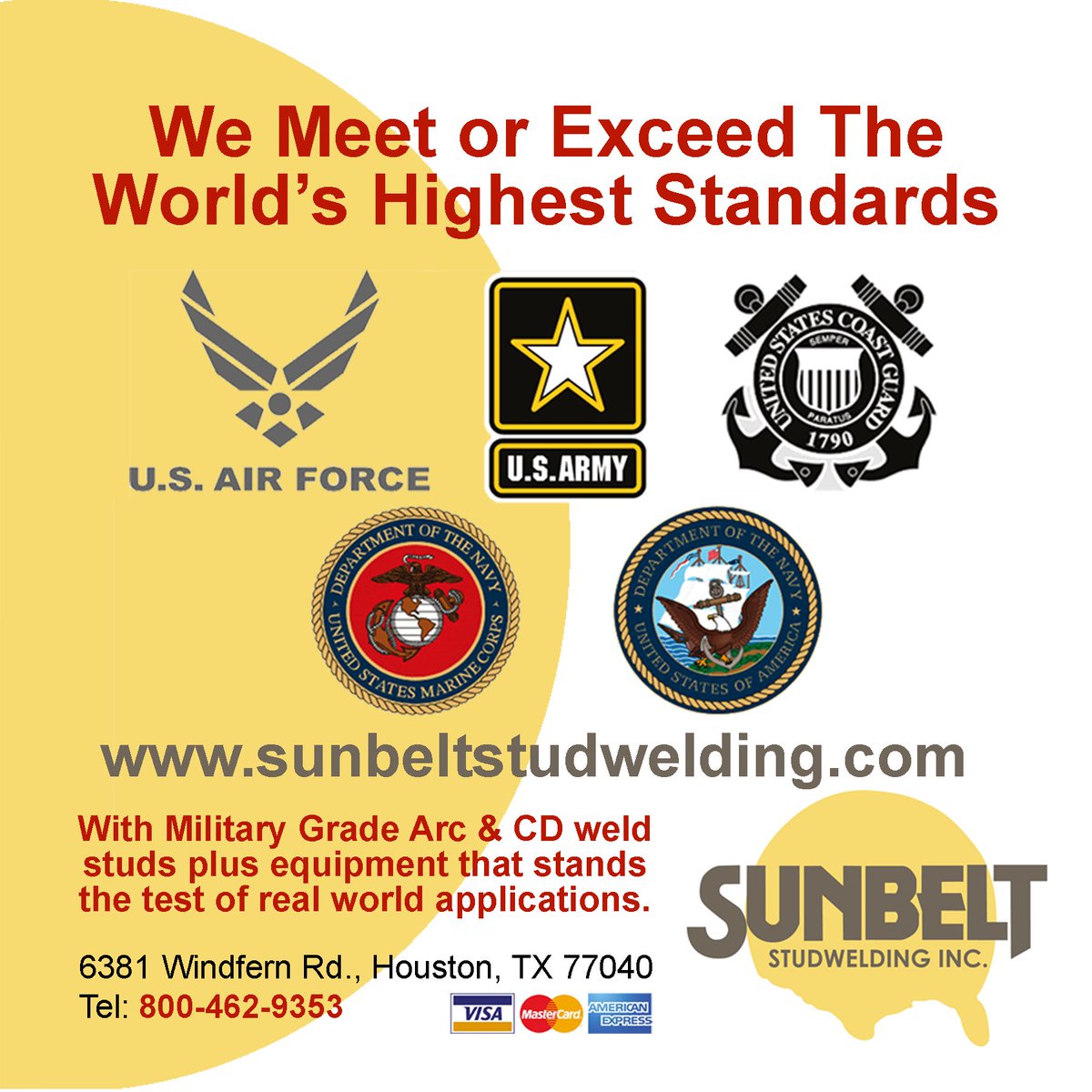 SunbeltStud's tweet image. We proudly support our military by providing military grade arc &amp;amp; cd weld studs. Turn to us to meet your project needs too.  Click here: bit.ly/2YKpE1K or call to learn more.

#StudWelding #MetalFasteners #MilitaryGradeWeldStuds #MilitaryGradeWelders #SunbeltStudWelding