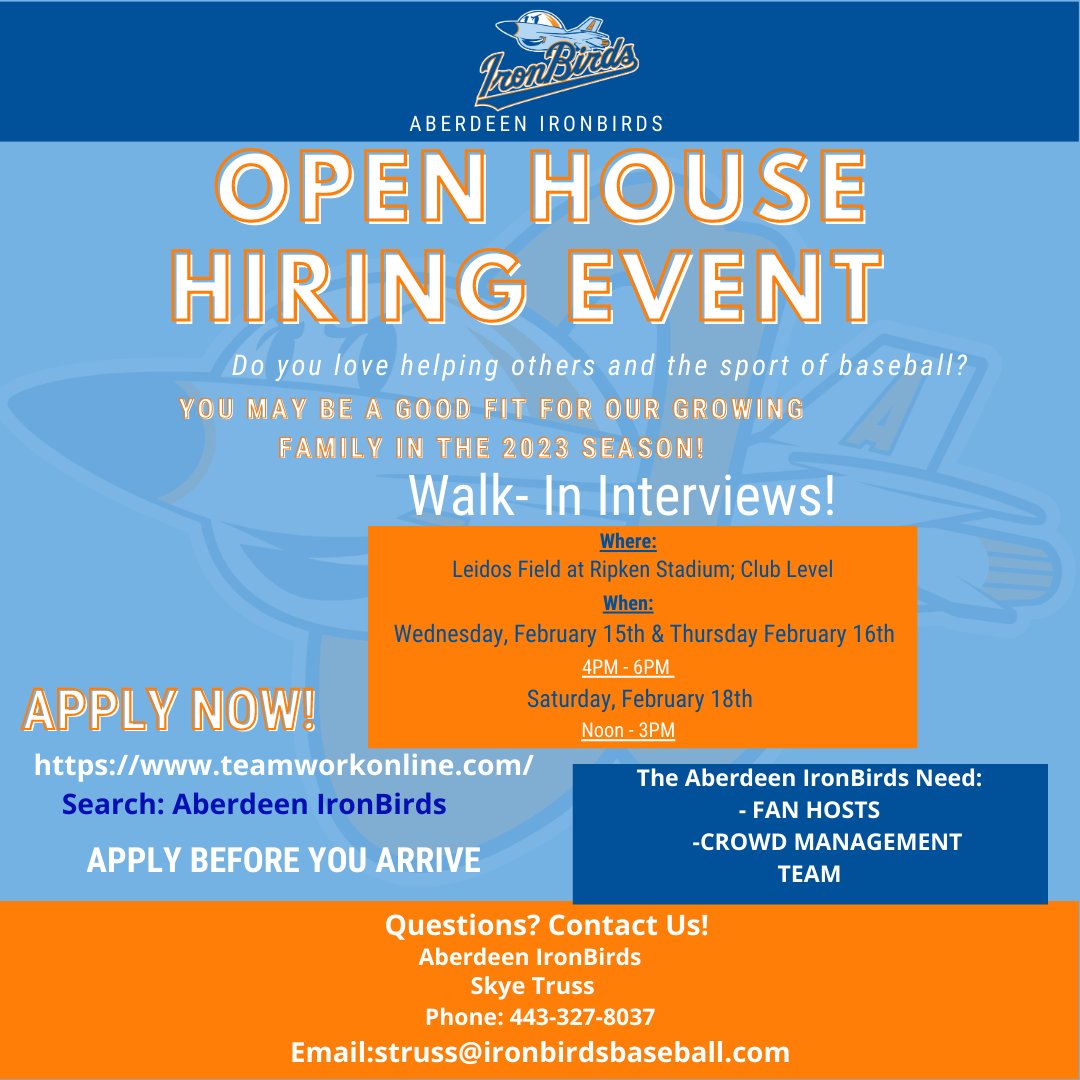 Aberdeen IronBirds on Twitter "Open House Hiring Event! WalkIn