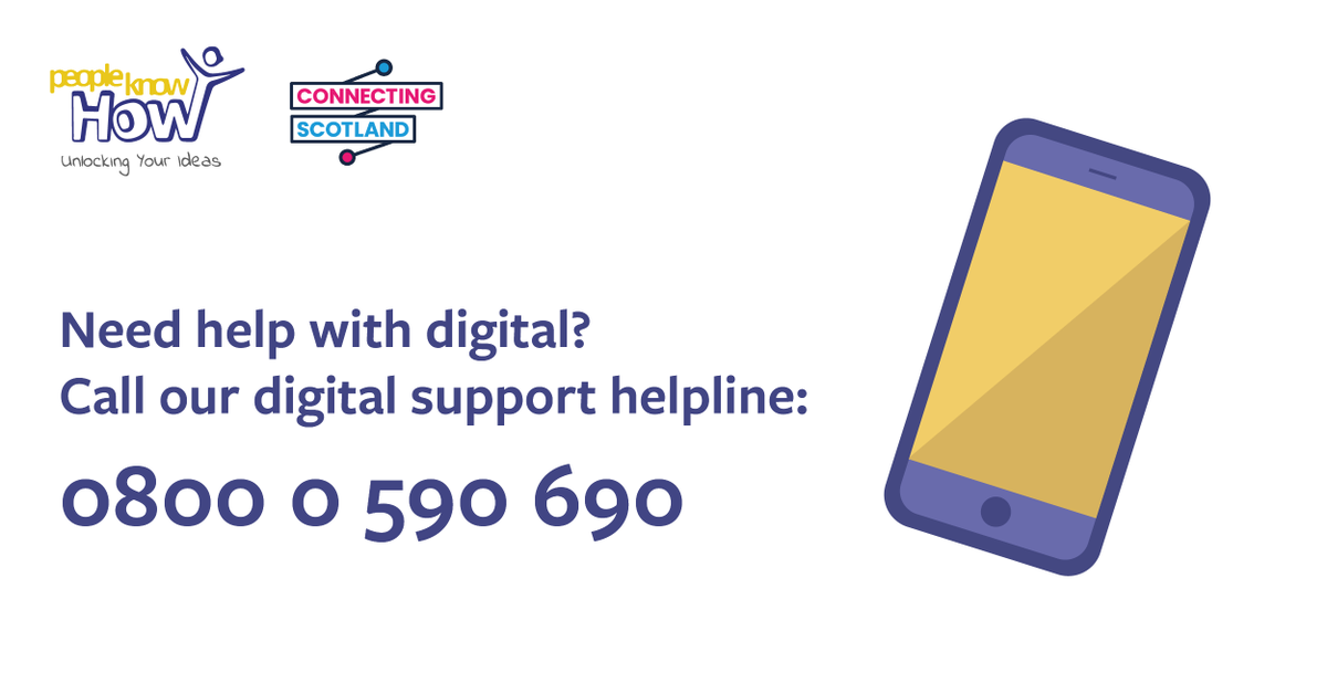 Did you know we operate the #ConnectingScotland helpline? It's open to anyone in Scotland who needs support with digital. Give us a call on:

0800 0 590 690

Or for in-person support, find your nearest digital group at: peopleknowhow.org/reconnect