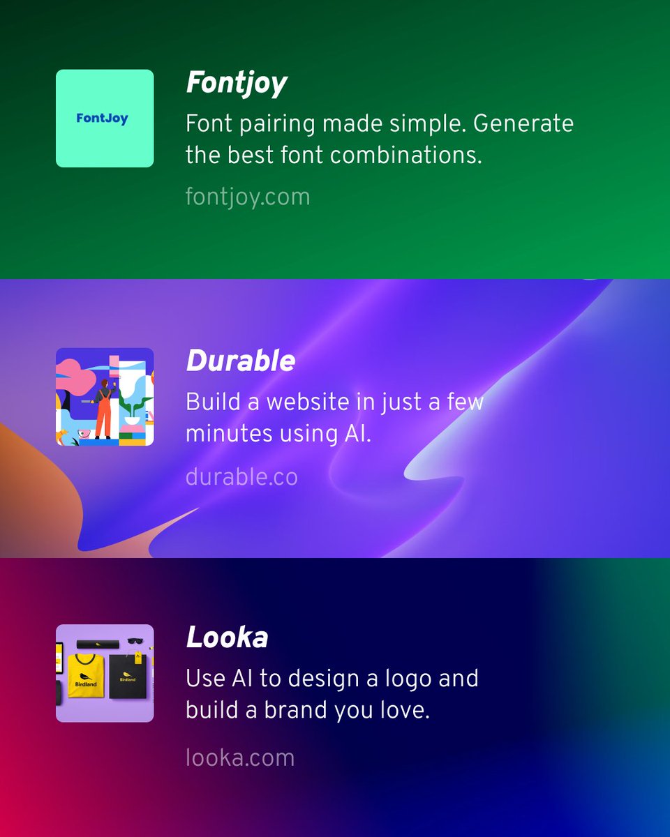 fontjoy.com

Generate the best font combinations for your visual projects.

@Durableteam 

Create a website in just minutes using AI

<a href="/lookadesign/">lookadesign</a> 

Generate a logo and a brand identity kit with AI.