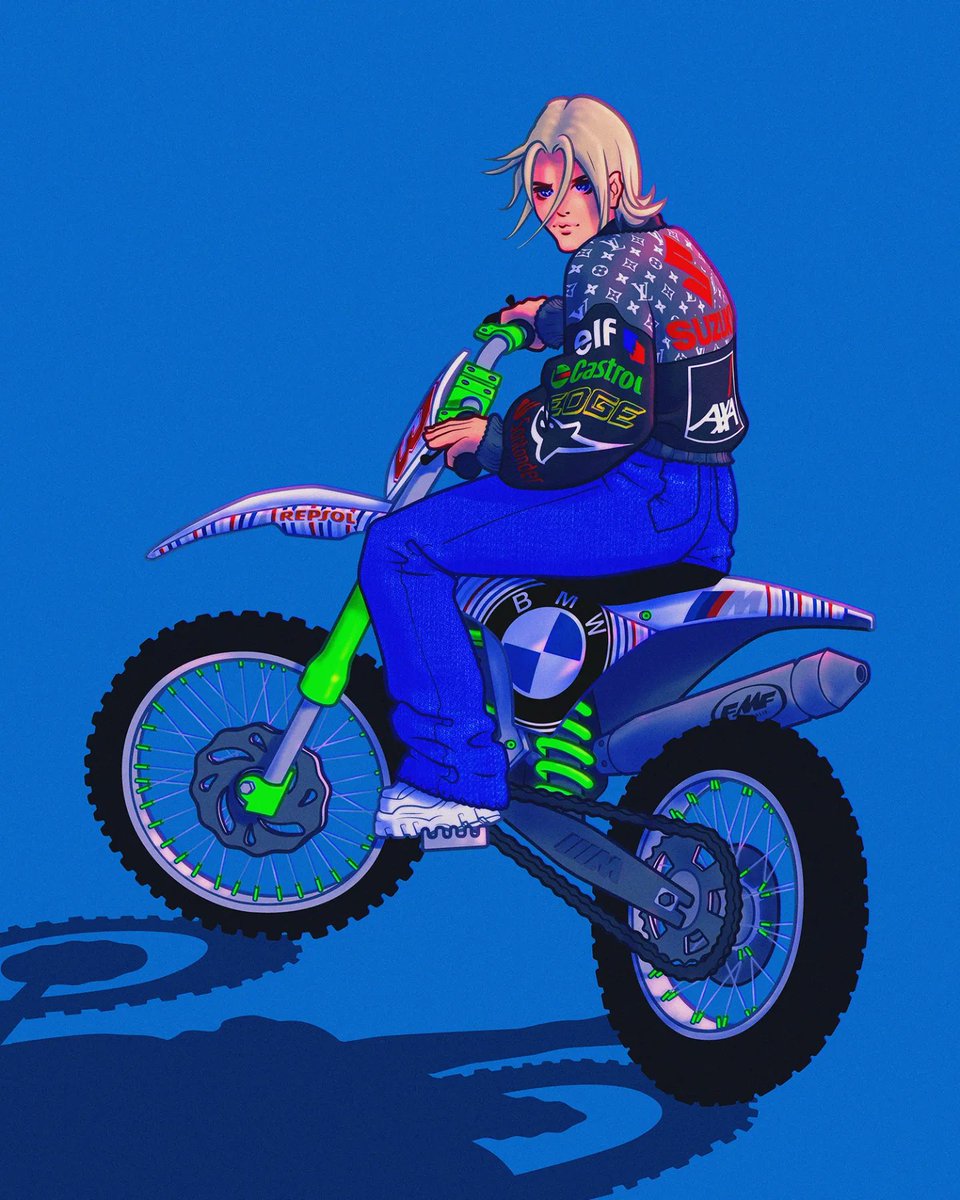 Joseph_P_Kelly's tweet photo. Recent digital art, androgynous scrambler bike racer (maybe looks a bit like cloud strife in alternative outfit) https://t.co/JvbL9MJopi