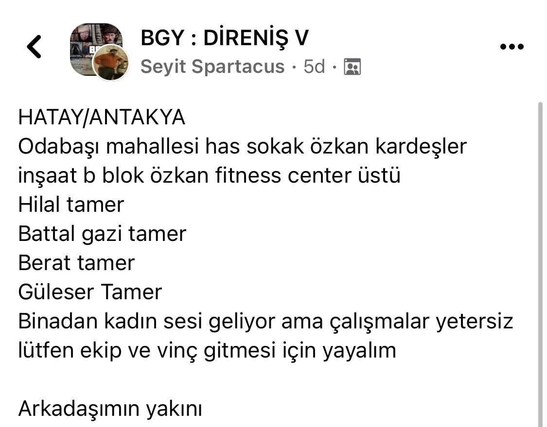 bgyetherr's tweet photo. TAMER AİLESİ enkaz altında sesleri duyuluyor ama VİNÇ ve EKİP yetersizliği var seslerini duyun!!!

Antakya/Hatay
Odabaşı Mahallesi
Has Sokak
Özkan Kardeşler inşaat
Özlan Fitness Cemtet Üstü

#deprem https://t.co/GXOhV5JbS8