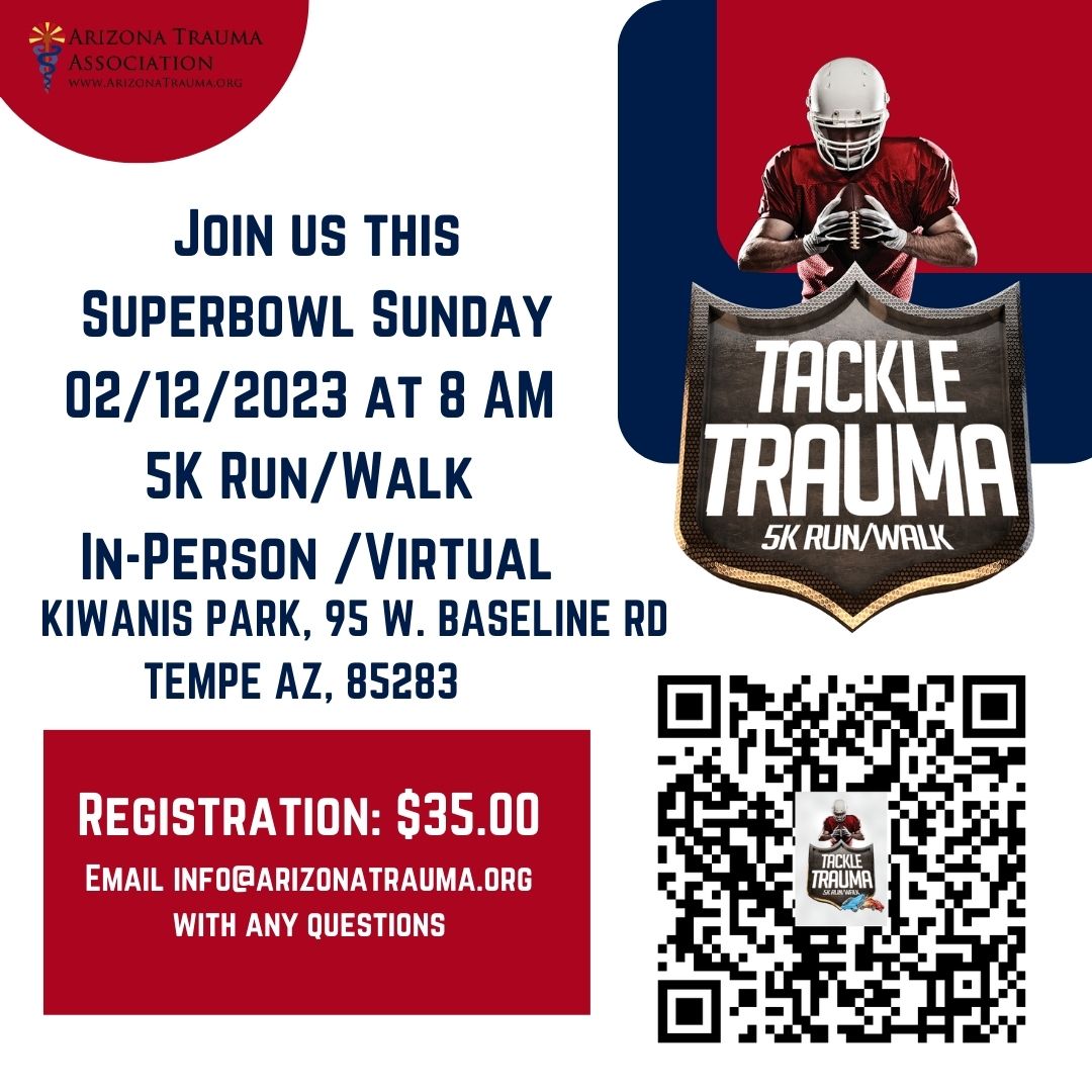 AzTrauma's tweet photo. This Sunday, 2/12/23, don't forget to join us for Tackle Trauma! This 5K run/walk will be in-person and virtual; registration is still open and is $35.00. Email info@arizonatrauma.org with any questions. We can't wait to see you all there!
#AZTA https://t.co/fkYuU6cUtb