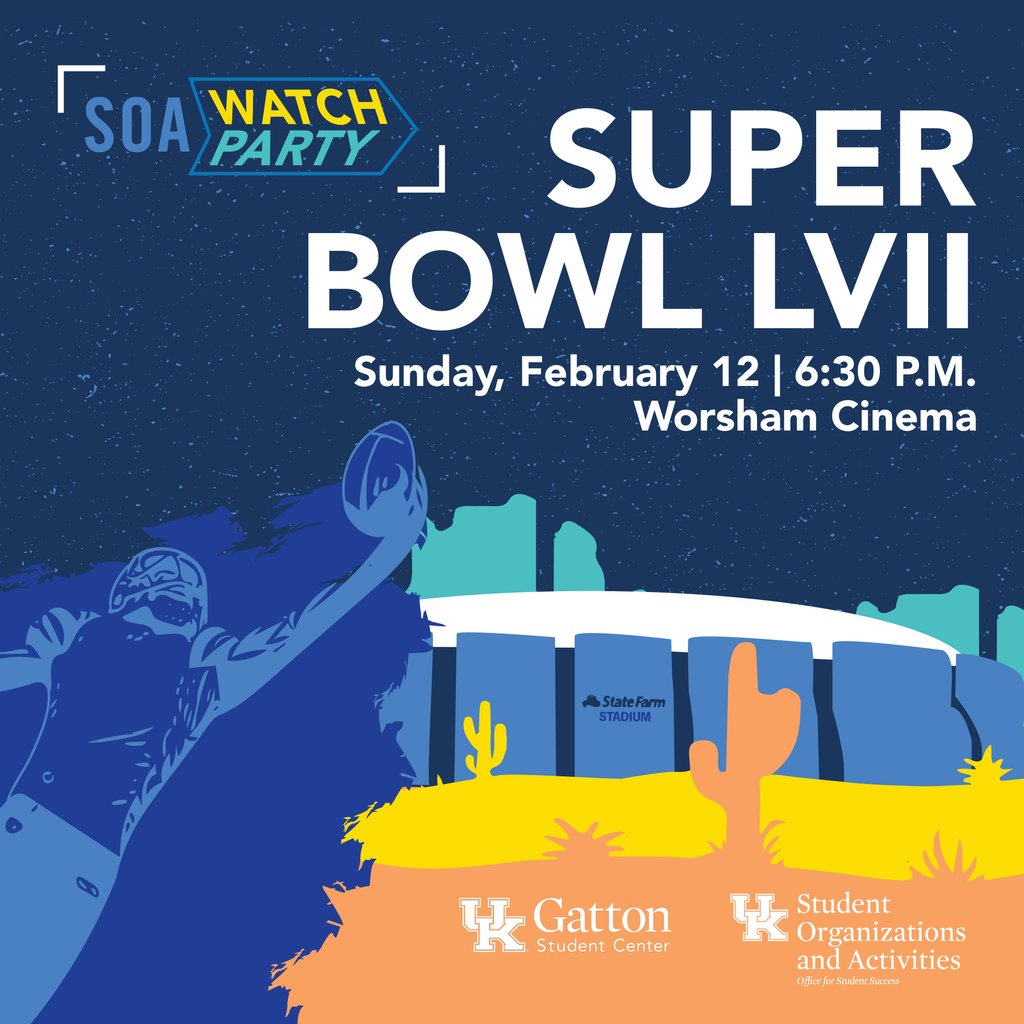 Student Organizations and Activities (@ukgetinvolved) on Twitter photo ๐ Come watch the big game on the big screen! We will be live broadcasting ๐๐ฎ๐ฉ๐๐ซ ๐๐จ๐ฐ๐ฅ ๐๐๐๐ game in Worsham Cinema this ๐๐ฎ๐ง๐๐๐ฒ! A variety of snacks (cookies, chips, popcorn, and drinks) will be provided! Game starts at 6:30pm - you won't wanna miss it! ๐ Come watch the big game on the big screen! We will be live broadcasting ๐๐ฎ๐ฉ๐๐ซ ๐๐จ๐ฐ๐ฅ ๐๐๐๐ game in Worsham Cinema this ๐๐ฎ๐ง๐๐๐ฒ! A variety of snacks (cookies, chips, popcorn, and drinks) will be provided! Game starts at 6:30pm - you won't wanna miss it!