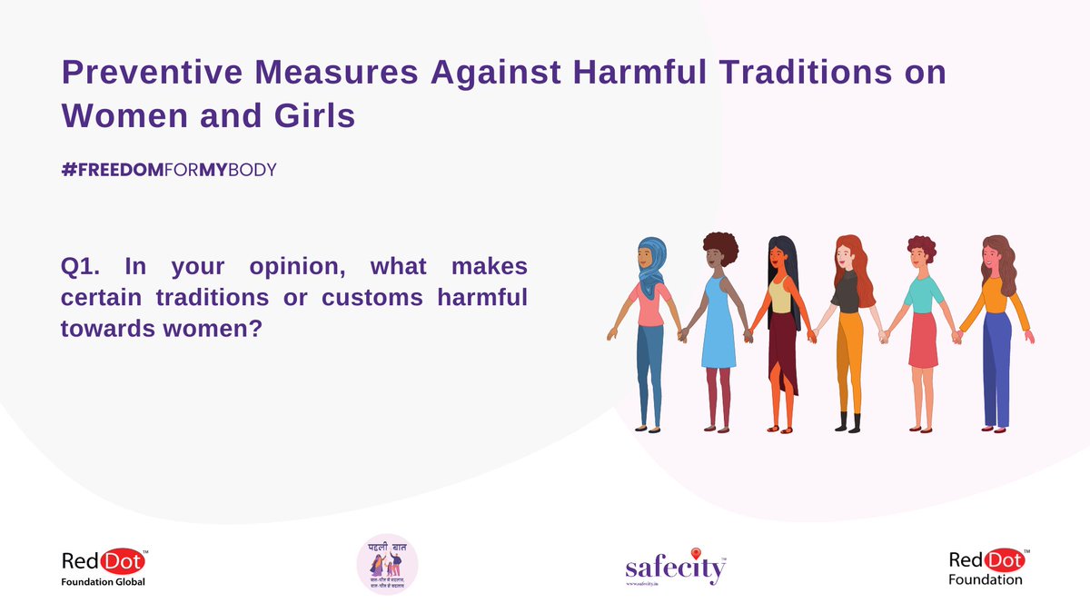 TheSafecityApp's tweet photo. ⚠️ TW: Sensitive Conversation
1. In your opinion, what makes certain traditions or customs harmful towards women?
- You can tweet your answers with the question number (e.g. A1, A2, A3)
- Use the hashtag #FREEDOMFORMYBODY
#Safecity @ridhibhutani22 @prerticular https://t.co/tcs33iJl1p