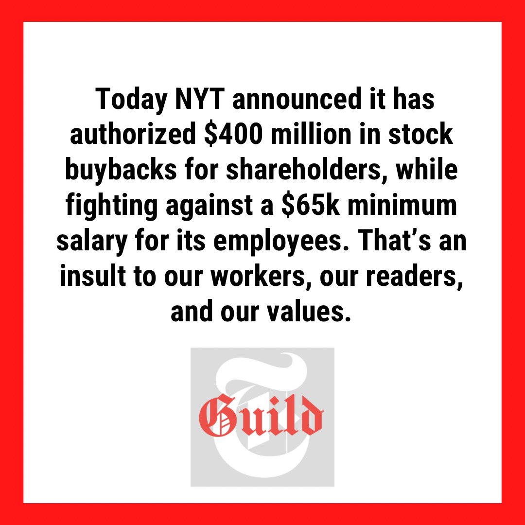 Today’s @nytimes earnings report is a testament to the great work of our members — work done without a contract for nearly two years. How much longer will the company prioritize its investors over of its employees?