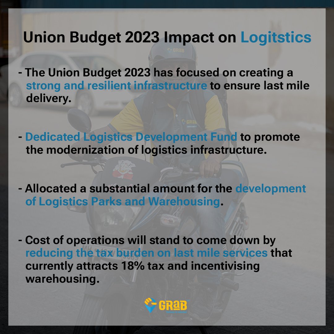 grab_india's tweet photo. Here are a few points on how the the Union Budget 2023 may impact logistics in India. It will revitalize the logistics sector and will pave the way for growth and progress.
#UnionBudget #Budget #Logistics #LastMile #GrabIn https://t.co/RDPxi03XBE