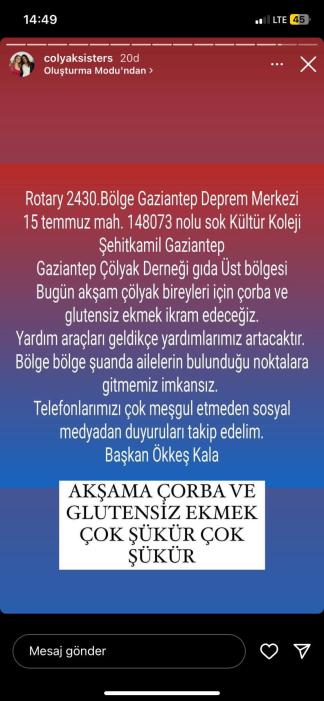 ❗️456 - Teyitli! Çölyak Hastası Kişiler İçin : Çölyak hastalığı (ya da Gluten Enteropatisi) olan kişiler için bu bölgede yemek dağıtılacaktır. Rotary 2430.Bölge Gaziantep Deprem Merkezi 15 temmuz mah. 148073 nolu sok Kültür Koleji Şehitkamil Gaziantep