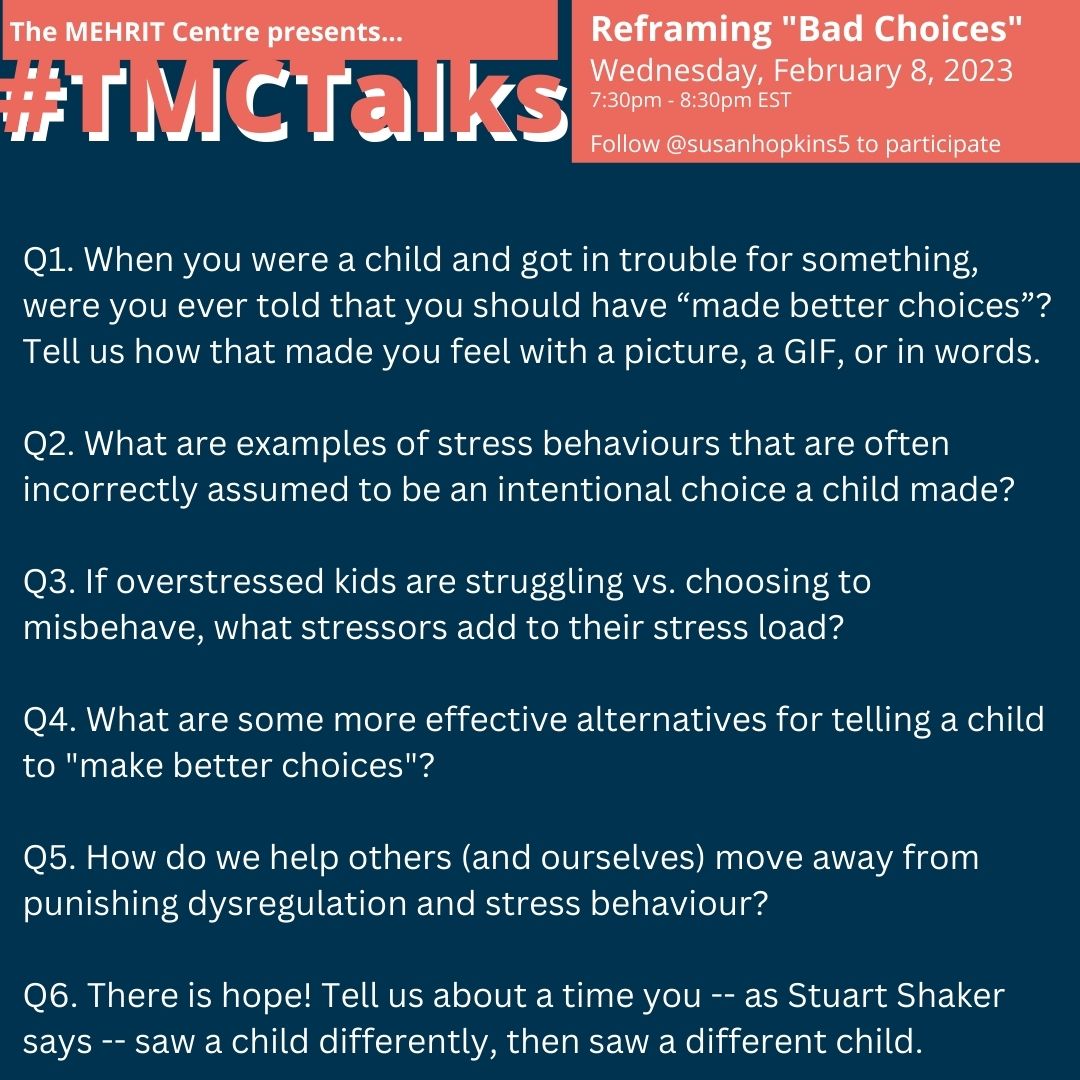 Self_Reg's tweet photo. Join us tonight at 7:30 PM EST for an hour of #connection and #community for our monthly Twitter Chat #TMCTalks. @susanhopkins5 will lead the discussion about "Reframing "Bad Choices"". Here's a sneak peek of the questions.  #SelfReg #CoReg #SelfRegulation https://t.co/q5r9F8bAOc