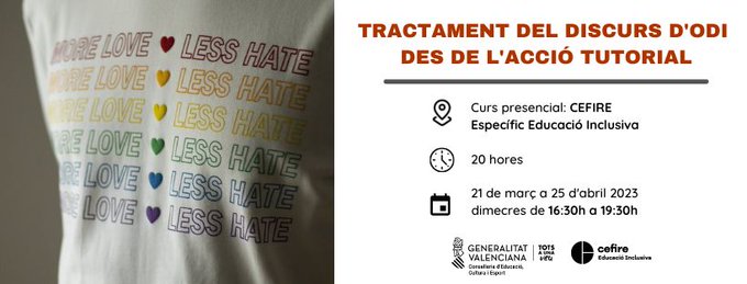 📣📣NOU HORARI del curs "Tractament del discurs d'odi des de l'acció tutorial"!!

📆 21 i 28 de març
      4, 18 i 25 d'abril

⏰ De 17:30 a 20:00 hores
CURS SEMIPRESENCIAL

📍 CEFIRE d'Educació inclusiva

Tota la informació i inscripcions 👇
cefire.edu.gva.es/sfp/index.php?…