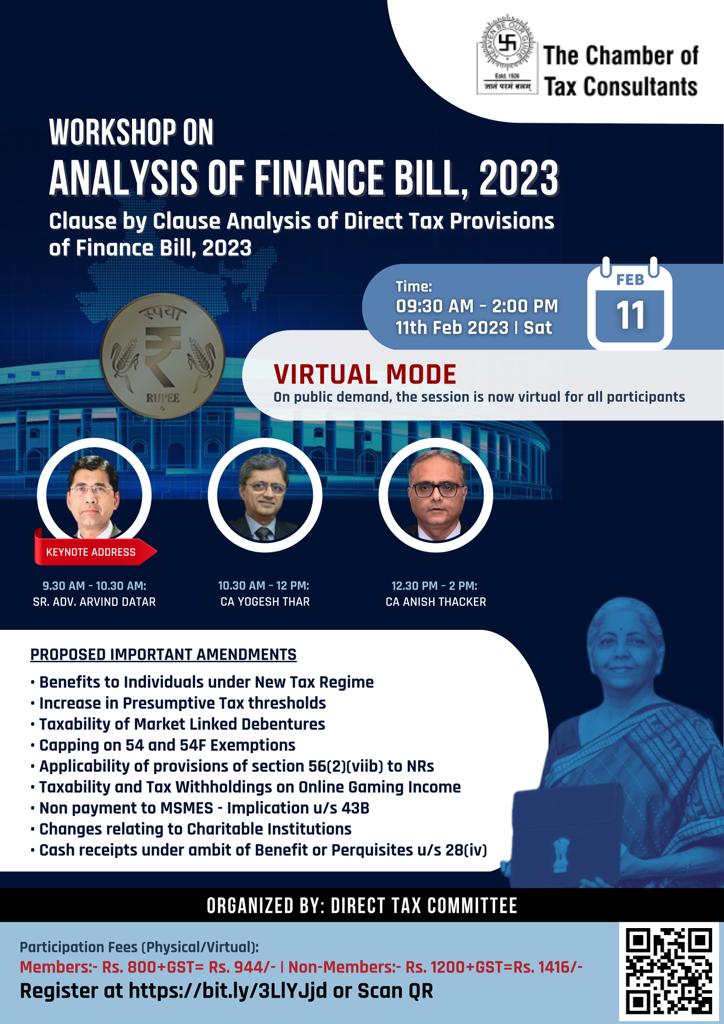 CTCConnect's tweet photo. Workshop on Analysis of Finance Bill, 2023 (Virtual Mode)
#workshop #financebill2023 #virtualmode
Note:- On public demand, the session is now virtual for all participants
To Register
Member:- https://t.co/rJtG0qNrYo
Non-Member:- https://t.co/qW35YtVxDS https://t.co/zgONNllEQc