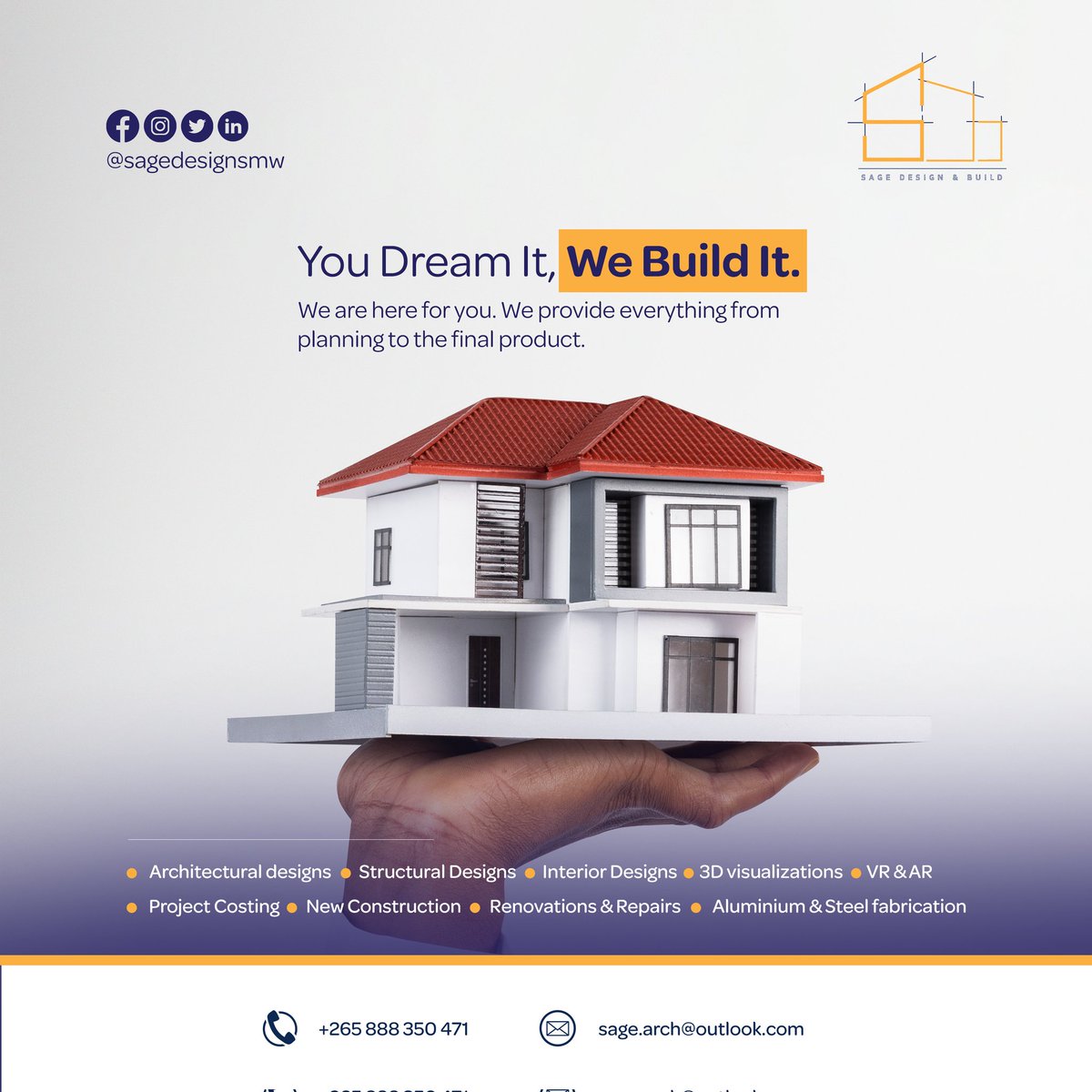 SageDesignsMw's tweet photo. You can only dream, and we can bring that to life by building it. Sit back as we provide you with everything you need from planning to building the final product.

 #building #planning #SAGEDesign #architecture #3dvisualization  #projectcosting #structuraldesign https://t.co/YJZISZW1dB