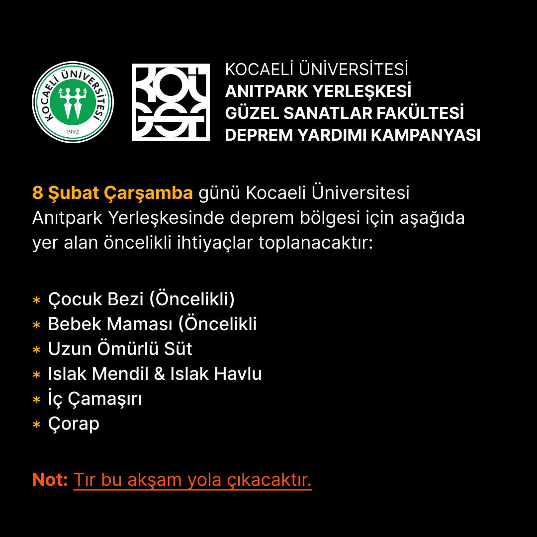 gsf_kou's tweet photo. 8 Şubat Çarşamba günü Kocaeli Üniversitesi Anıtpark Yerleşkesinde deprem bölgesi için ihtiyaçlar toplanacaktır. @kou92official #kocaeli #izmit #yardım https://t.co/pnXiXs1N09