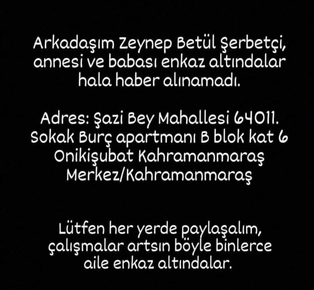 3 gün oluyor, lütfen yayalım.

Kefen #enkazdan TOKİ  Abiye Tuğba Dries Mertens  Hatay'da Yapmayın Kahramanmaraş'ta Ankara Büyükşehir Belediyesi Konya #YağmacılaraVurEmriVerilsin Hatay Havalimanı Ayıp #Türkcell