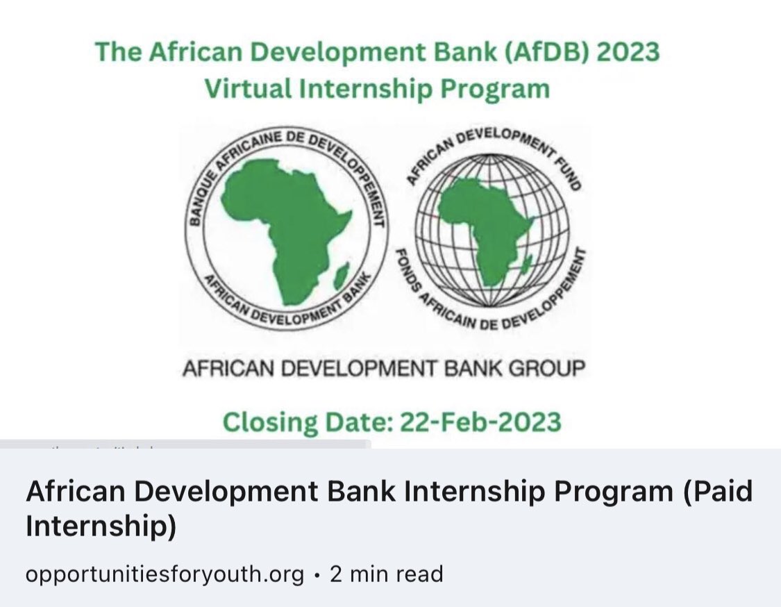 opportunitiesfy's tweet photo. Applications for the African Development Bank's 2023 Virtual Internship Program are open!

Deadline 22 February 2023

Find out more and apply via:  https://t.co/RUVBih0B5G 

 #AfDBInternship #afdb #workopportunity #internship #virtualinternship #africa #opportunity #development https://t.co/YnMl17uDgu