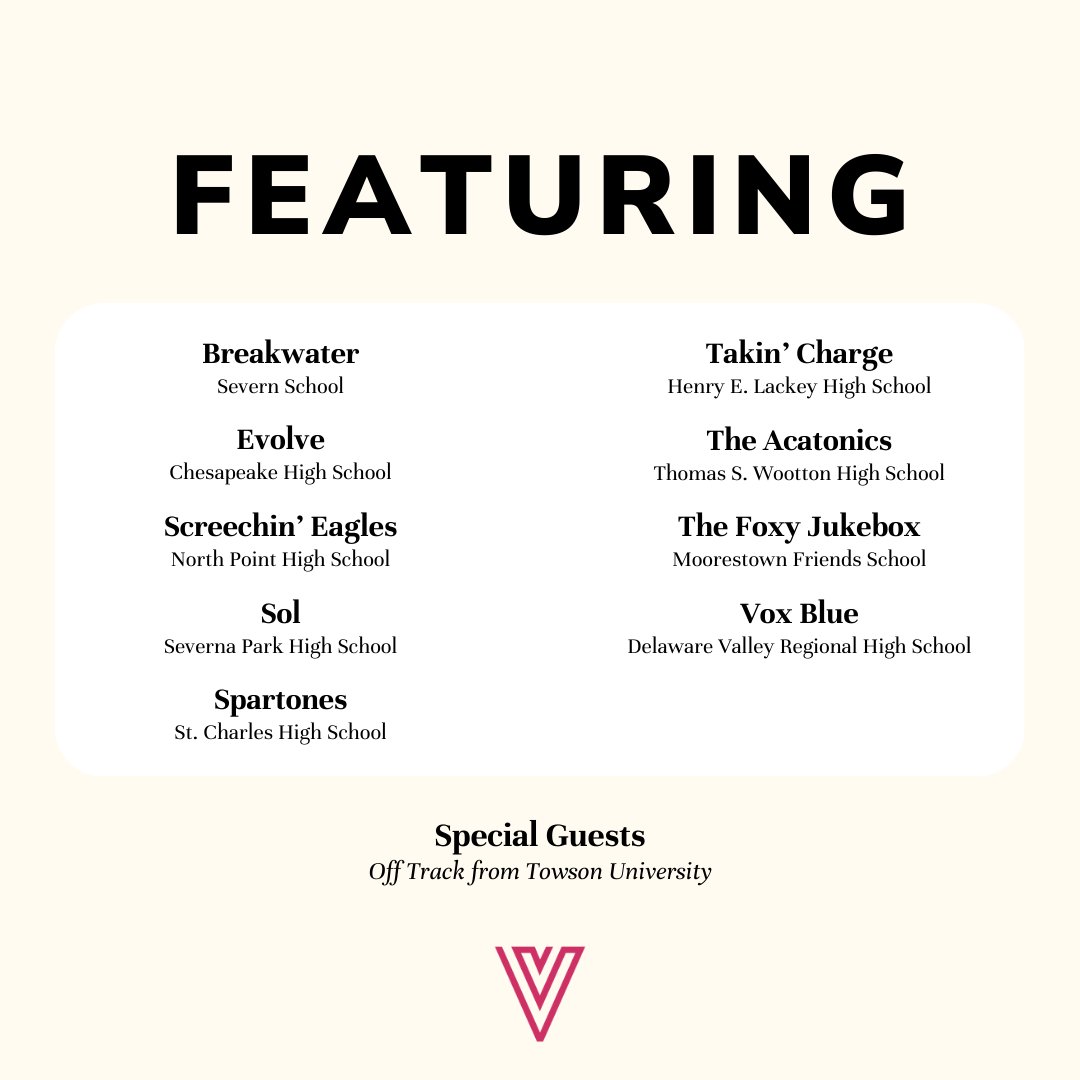 The lineup this Saturday at the <a href="/varsityvocals/">Varsity Vocals</a> #ichsa Mid-Atlantic Quaterfinal <a href="/StCharlesHS/">St Charles High School</a>! Get your tickets at varsityvocals.com 
<a href="/ccps/">Charles County Public Schools</a> <a href="/SCHS_Performing/">SCHS Performing Arts</a> <a href="/SCHS_Choir/">SCHS Vocal Music</a> <a href="/StCharles_sga/">Spartan SGA</a> @vp_lamb <a href="/misscarpenter8/">Miss Carpenter</a> <a href="/FineArtsCCPS/">Charles County Public Schools Fine Arts</a>
