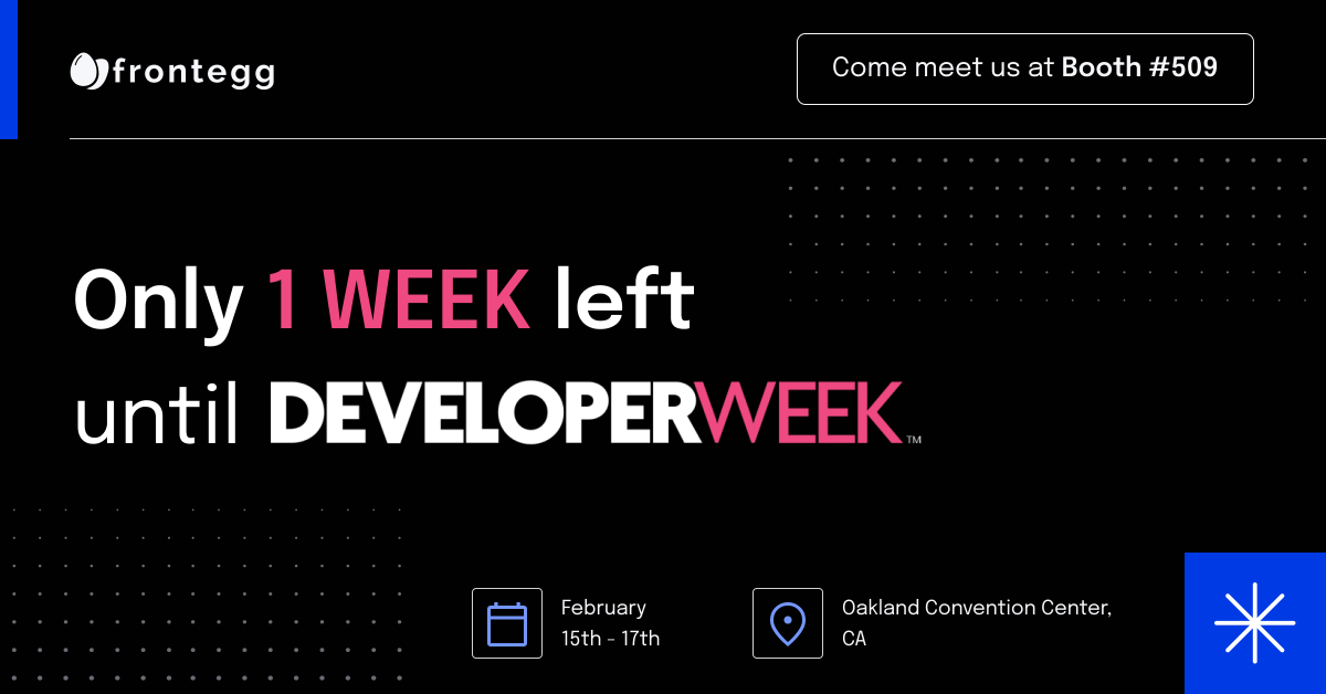 FronteggForSaaS's tweet photo. Are you ready for #DevWeek2023?

Our amazing team will be happy to meet you at DeveloperWeek 2023, the world's largest developer and engineering conference. The event will be held on February 15-23 in Oakland, CA.

Stop by and see us at booth #509 in the expo hall! https://t.co/Ox09me6sfC