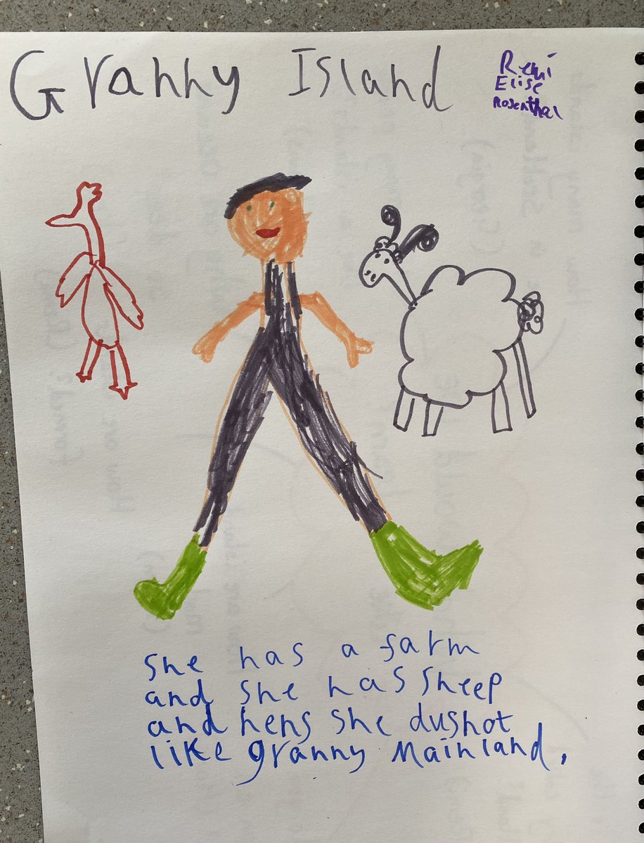 Rosamundo's tweet photo. You know how much I love children’s writing. These stunners from P2 @MaidenhillERC have given me my favourite quote ever “granny mainland is a show off fancy woman”. 🤩😂 https://t.co/4J50K6icVN