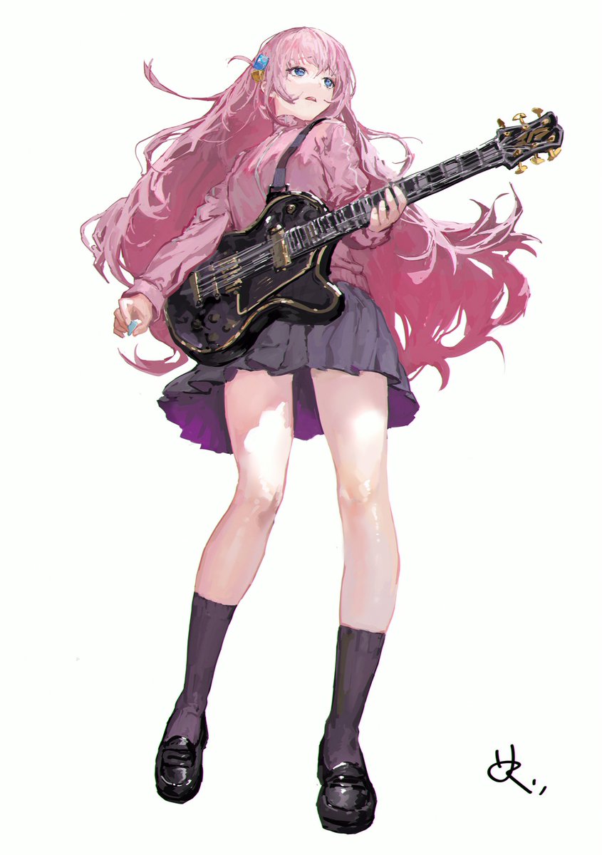gotou hitori 1girl instrument solo cube hair ornament guitar long hair pink hair  illustration images