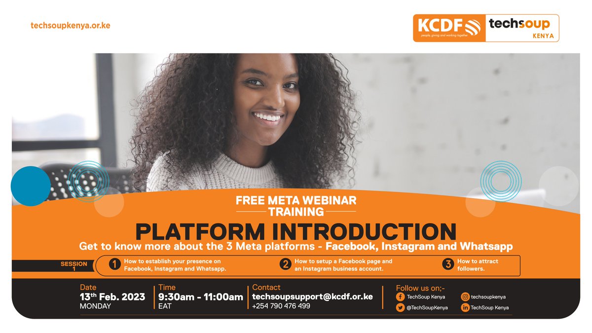 Kenya Community Development Foundation (@kcdf) on Twitter photo FREE TRAINING FOR YOUR NONPROFIT!
Want to give your #nonprofit work more visibility on Facebook, Instagram & WhatsApp?
KCDF’s tech program <a href="/TechSoupKenya/">TechSoup Kenya</a> is offering training on how to create an impact in the #digital space through META.
Register here : bit.ly/3I7GdLb FREE TRAINING FOR YOUR NONPROFIT!
Want to give your #nonprofit work more visibility on Facebook, Instagram & WhatsApp?
KCDF’s tech program <a href="/TechSoupKenya/">TechSoup Kenya</a> is offering training on how to create an impact in the #digital space through META.
Register here : bit.ly/3I7GdLb