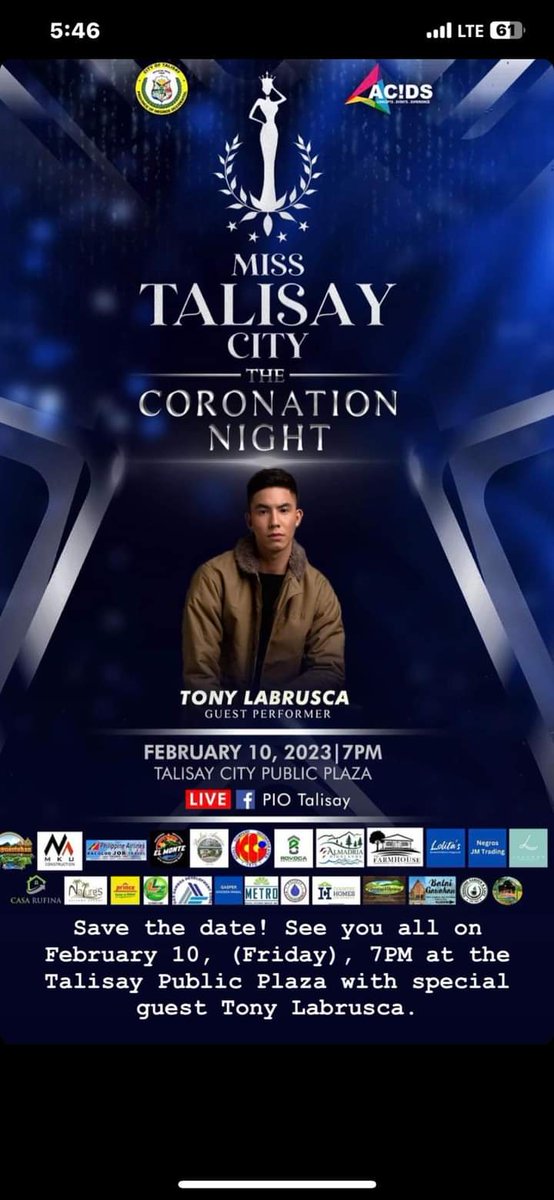 prettycarla4's tweet photo. Save the date! See you all on February 10, (Friday), 7PM at the Talisay Public Plaza with special guest Tony Labrusca
#JourneyToMissTalisay2023
@tonythesharky 
@marcolme 
@petmcl 
@SharkiesOFC 
@litocinco3 
@iamcristinaaa_ https://t.co/50VaPyYVSA